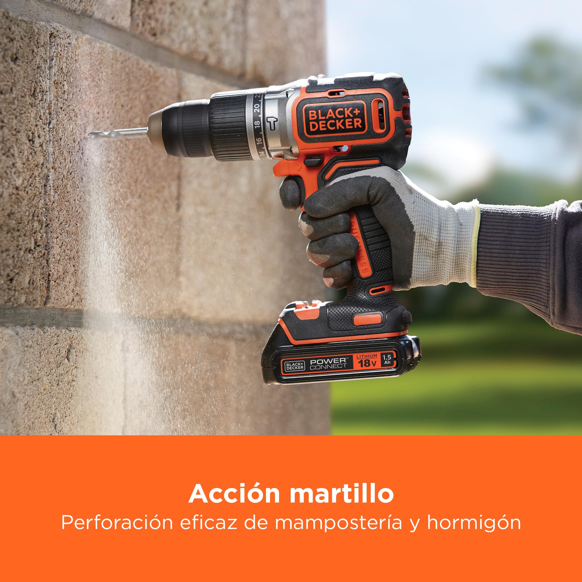 BLACK+DECKER Taladro percutor sin cable 18V, motor sin escobillas, 28,050 GPM, 52Nm, 2 velocidades para perforar madera y acero, herramienta sola, BL188N-XJ