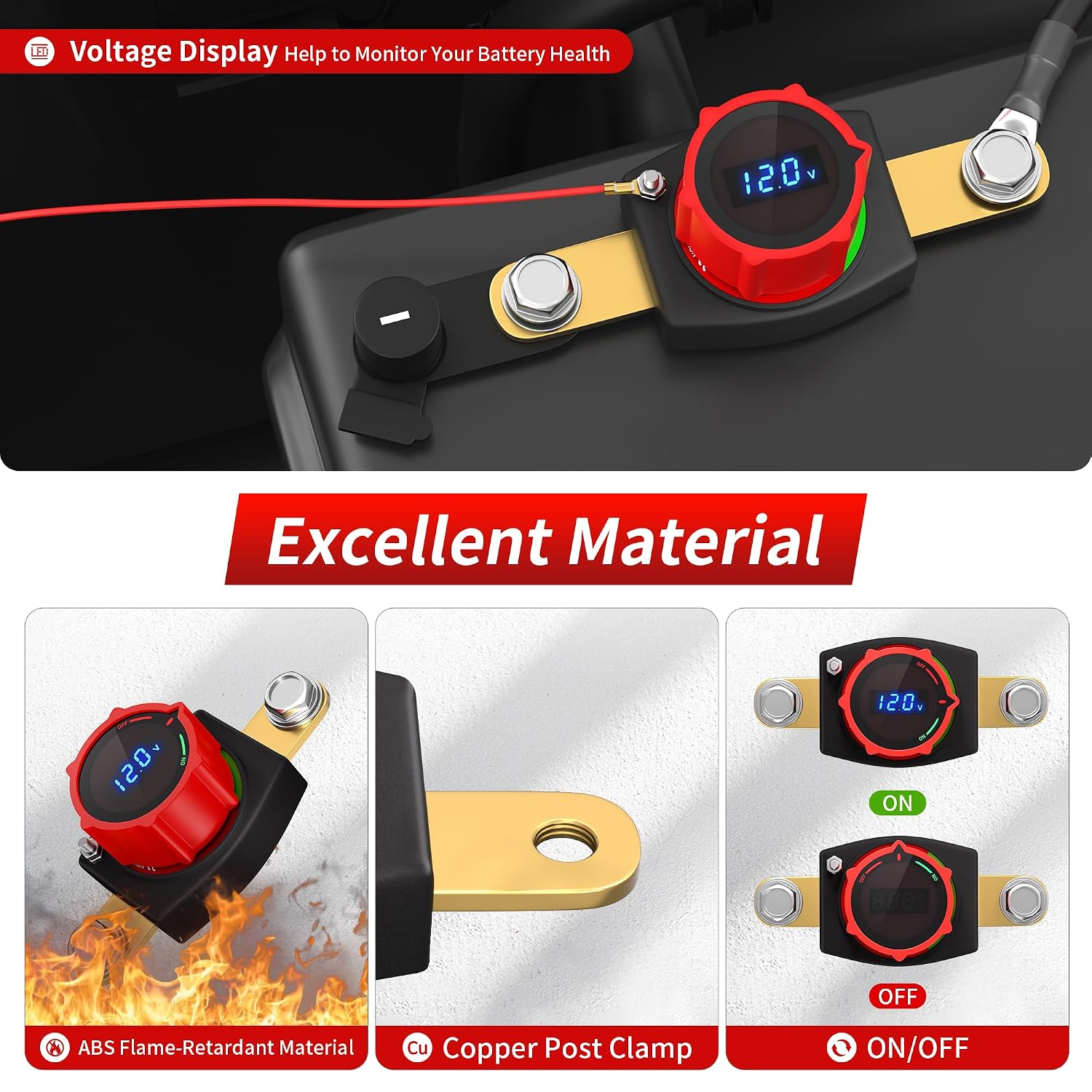 RVBOATPAT Side Post Battery Disconnect Switch 12V 300A Led Voltage Display Negative On/Off 3/8" Stud Car Battery Cut Off Switch for Auto Marine Truck Boat