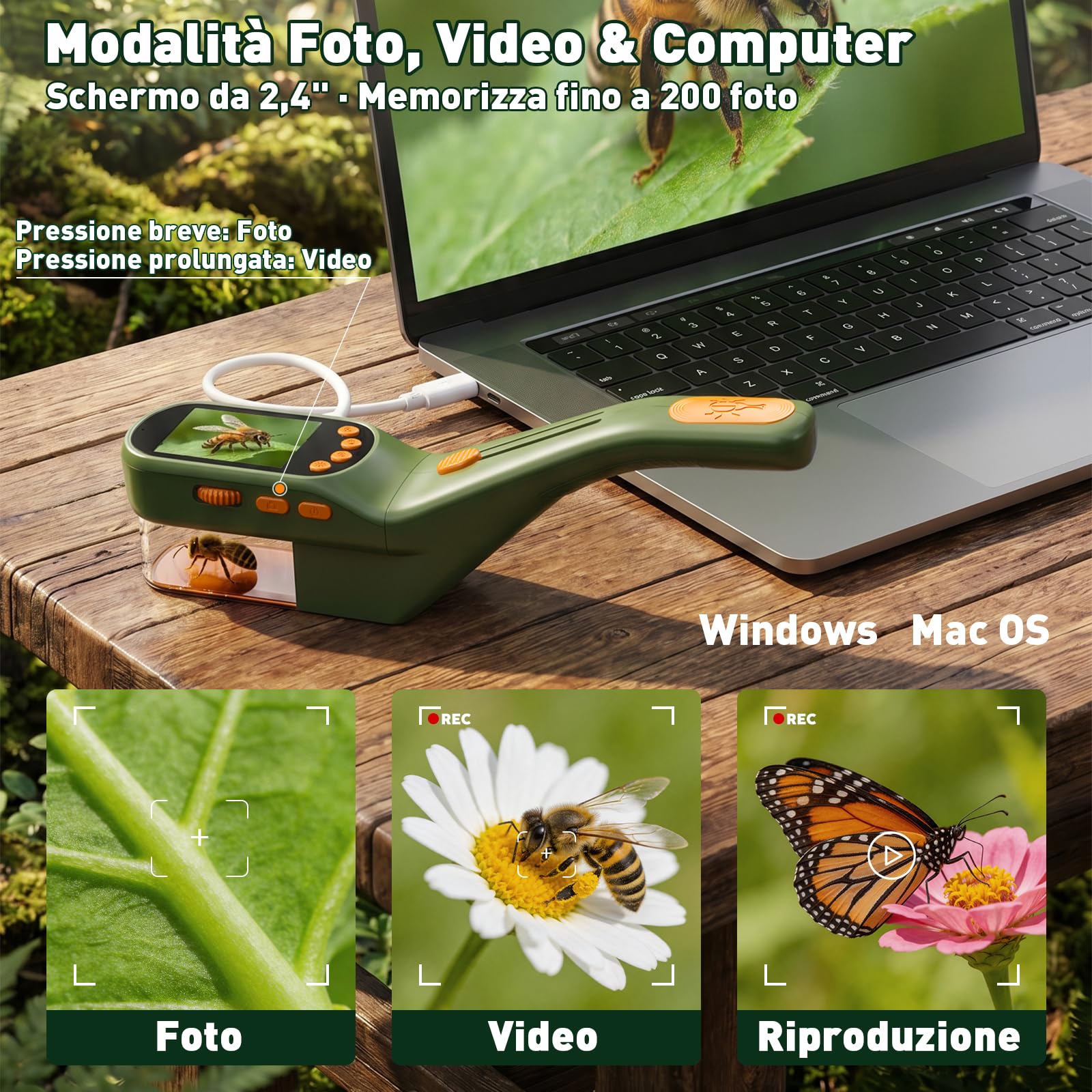 Kit Insetti per Bambini con 500X Schermo, Scatta Foto e Video | Cattura Insetti Kit Esploratore, Lente Ingrandimento con Pinzette, Raccoglitore Insetti, per l'esplorazione Della Bambini