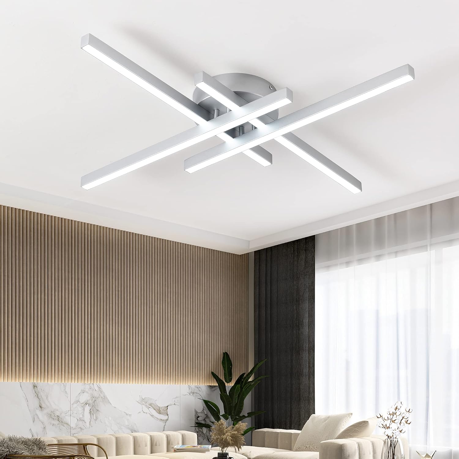 Updated Modern Ceiling Light ,Preminum Close to Ceiling Light fixtures,Modern Light Fixtures Ceiling Dimmable for Dining Room Kitchen Bedroom Living Room 40W 6000K Cool Light (Silver)