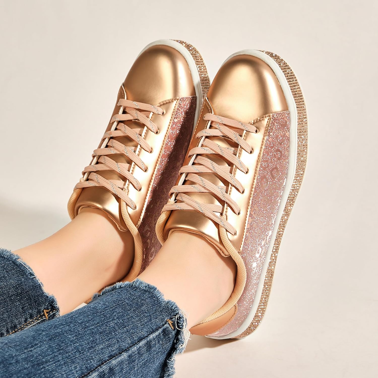 UUBARIS Women's Glitter Tennis Sneakers Neon Dressy Sparkly Sneakers Rhinestone Bling Wedding Bridal Shoes Shiny Sequin Shoes - Image 6