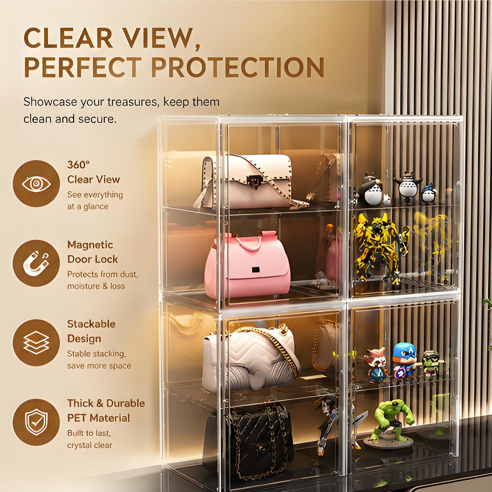 Mini vitrine avec fermeture magnétique, boîte en plexiglas empilable, 45 x 33 x 33 cm, vitrine de protection anti-poussière pour poupées, sacs à main, chaussures et casques, enfants, amis ou amis