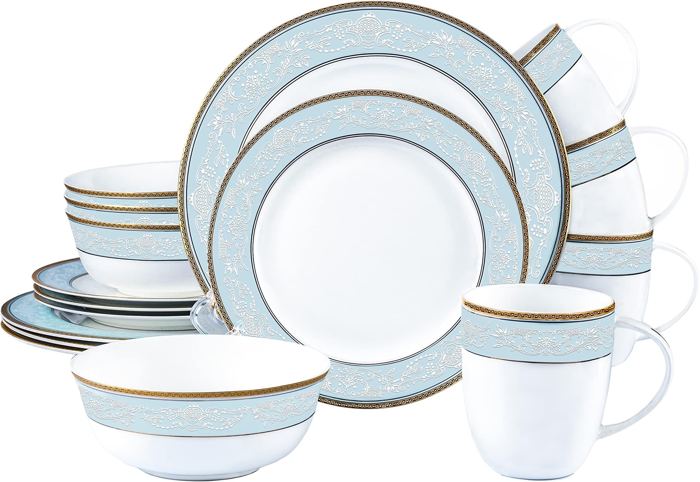 Fine Bone China Dinnerware Set,16 Pcs Classic Relief Pattern Gilt Edged High Grade Porcelain Tableware Sets For 4 People