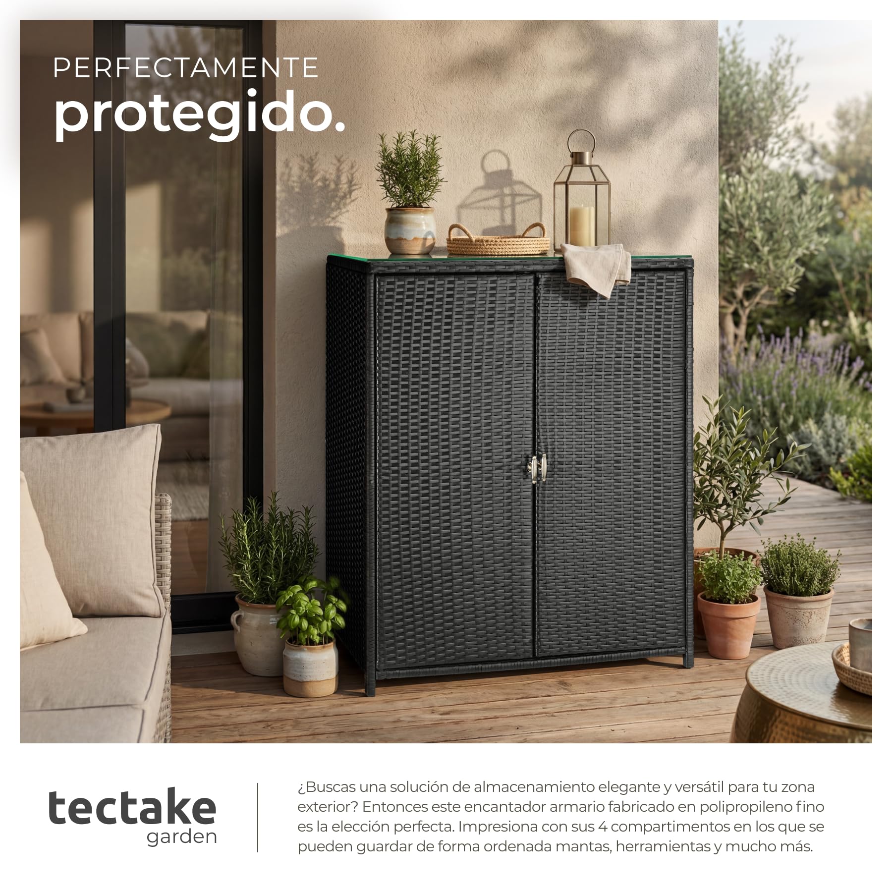 tectake® Armario de Jardín de Ratán, 4 Compartimentos, Estructura de Aluminio Inoxidable, Estantería de Exterior, Mueble Terraza Exterior, Almacenamiento, Armario Multiusos, Armario Jardin - Negro