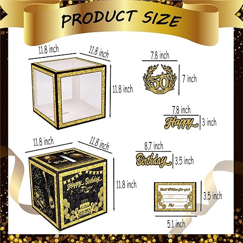 Miniatura 2 de 55 decoraciones de fiesta de cumpleaños número 50, cajas de decoración multifuncionales 3 en 1 de oro negro incluye caja de globos, caja de tarjetas