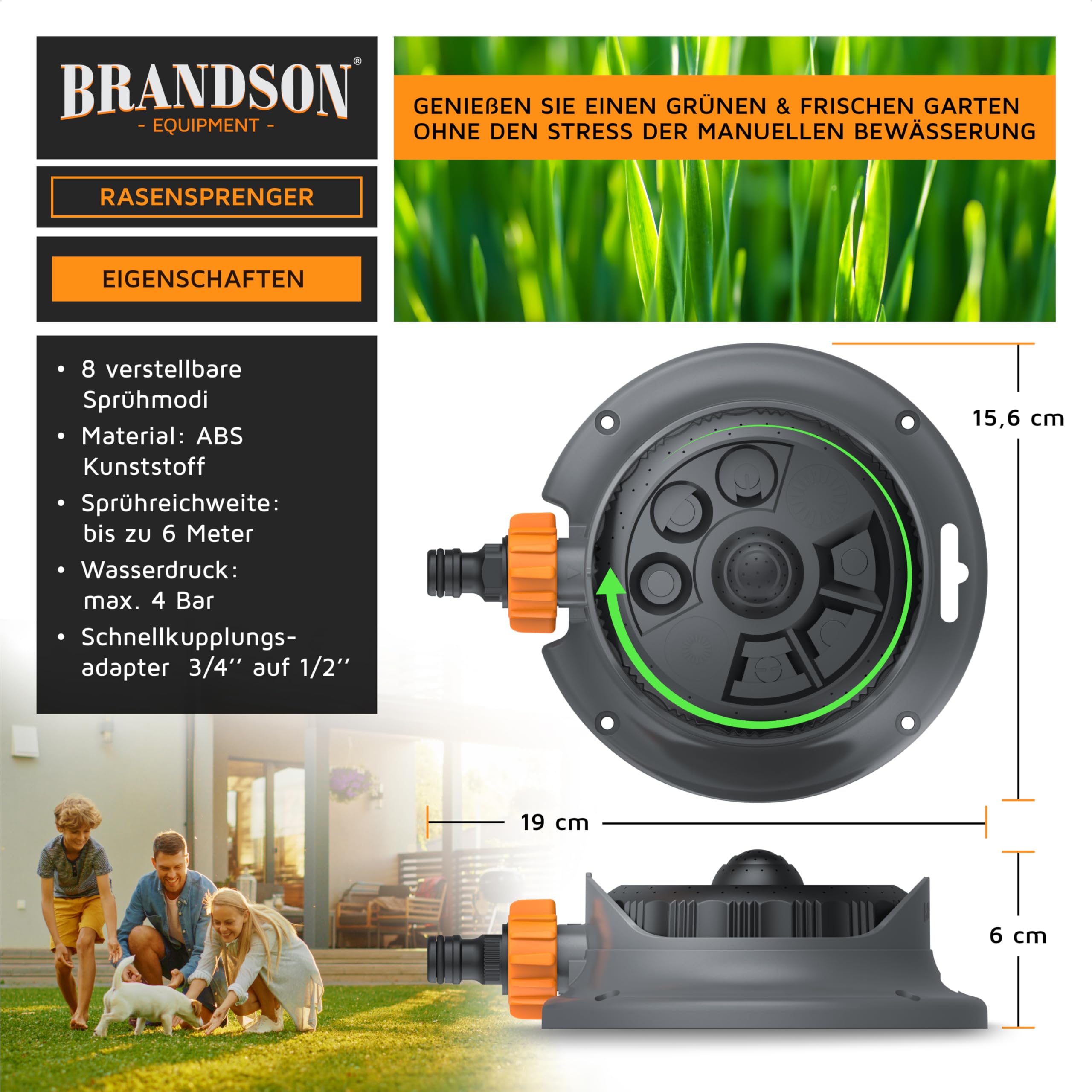 Brandson - Rasensprenger 3/4 Zoll - Rasensprinkler Flächenregner - Garten Sprinkler - 8 verstellbare Sprühformen - 110 m² Beregnungsfläche – Viereckregner - Schnellkupplungsadapter
