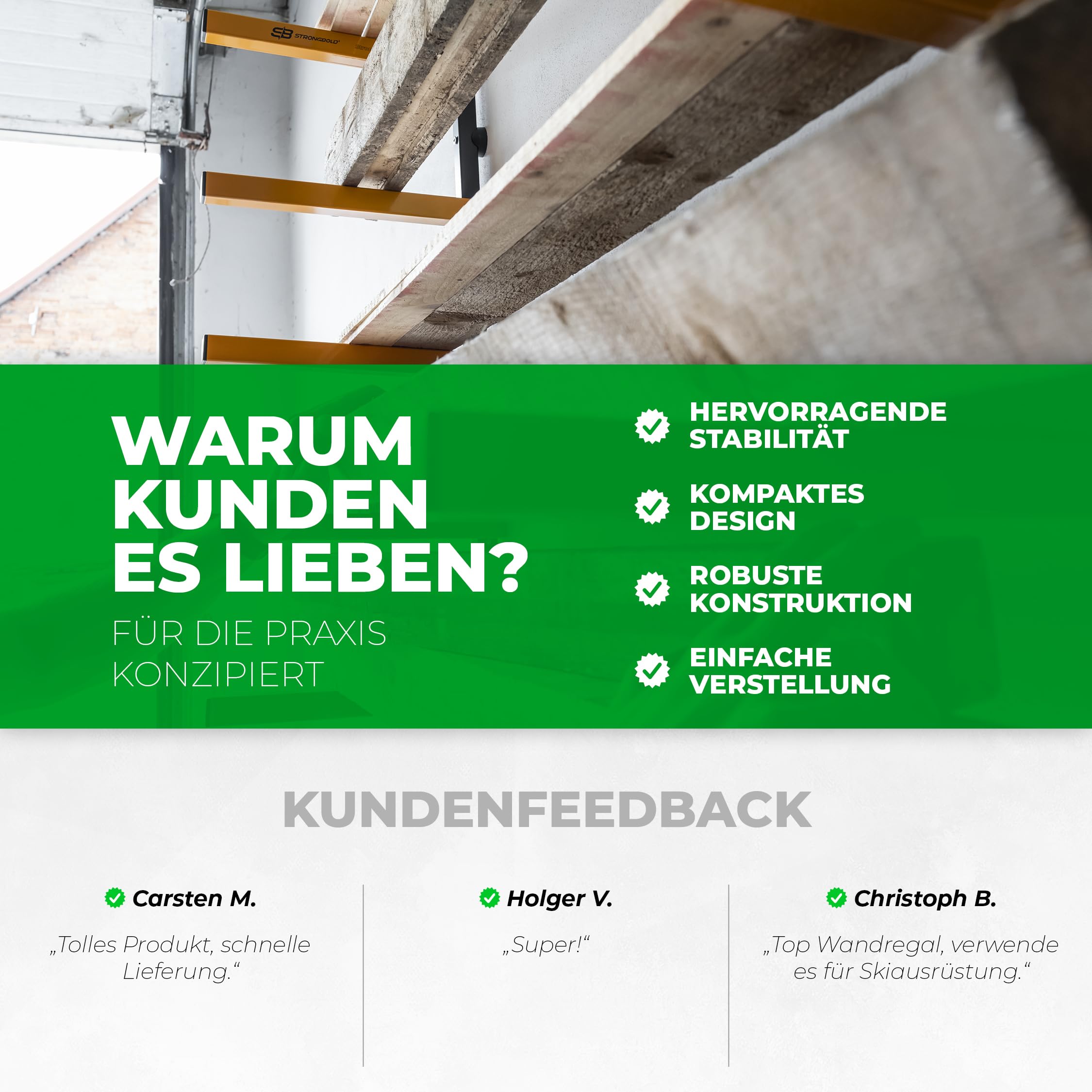 StrongRack R400 Schwerlastregal ⏐ Aufbewahrung Regal und Garage Organizer mit 4 Ebenen ⏐ Wandhalterung Regal für Ski und Gartengeräte Organizer