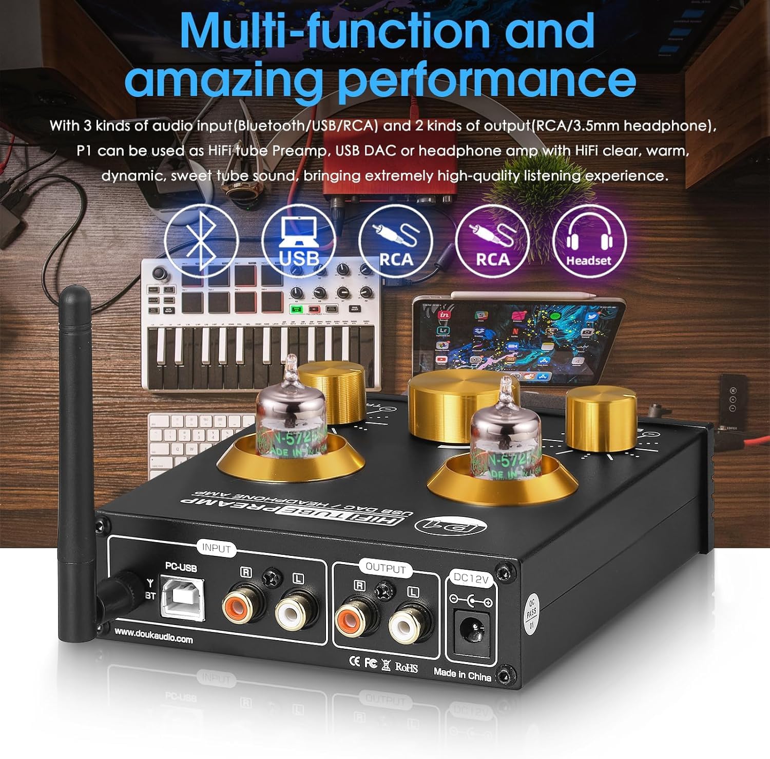 Douk Audio Bluetooth-Röhrenvorverstärker: HiFi-Stereo-Vorverstärker-Receiver | Kopfhörerverstärker | USB-DAC | Klangregelung für Heimkino und Desktop-Hören (P1)