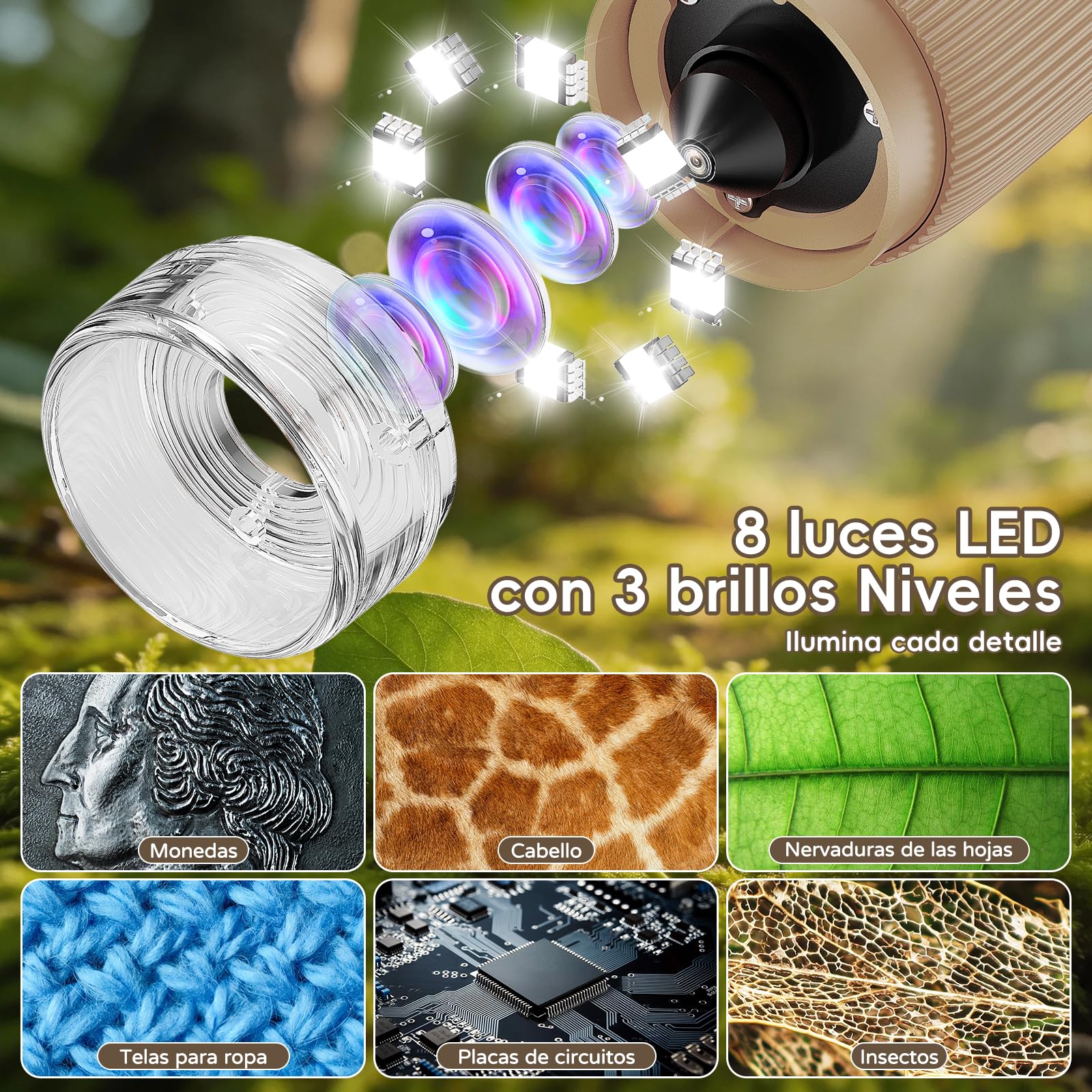 Microscopio Portatile Niños Zoom 1000x - Microscopio Digital Mini Recargable, Microscopi con Pantalla, 8 Luces LED, Ciencia Experimentos Juguetes para Cumpleaños/Navidad/Año Nuevo(Marrón)