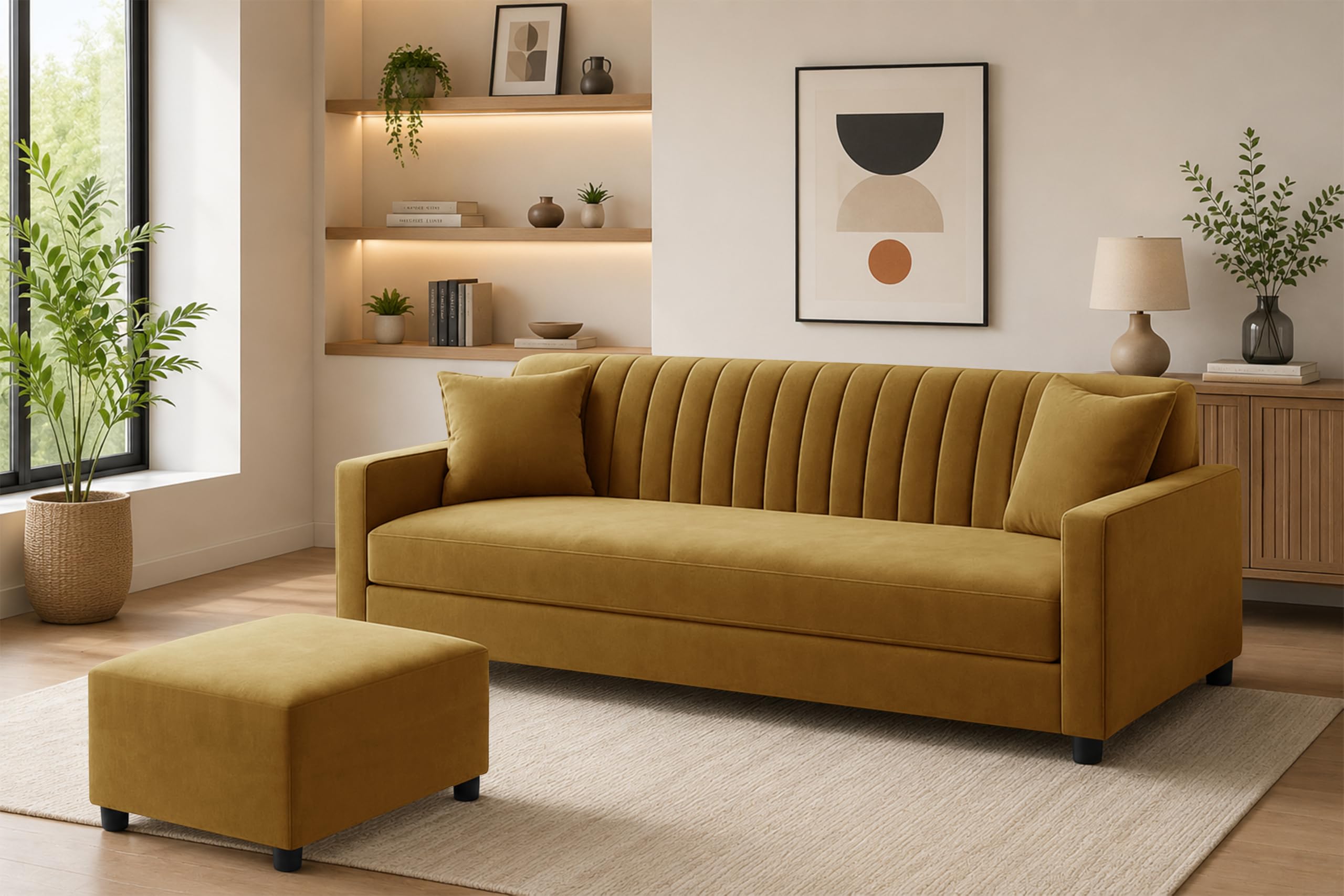 Deco Studio Modern 3-Seater Wooden Sofa Set with Ottoman, Soft Velvet Upholstery, Comfortable Couch for Living Room, Office & Apartment - Golden Color