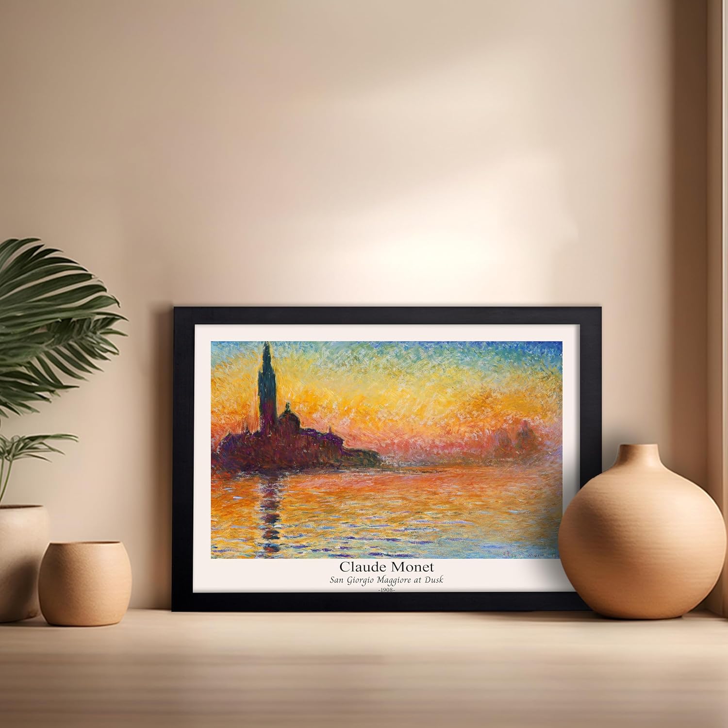 Poster Master Vintage Claude Monet Poster - Retro San Giorgio Maggiore at Dusk Print - Fine Art - Classic Painting Illustration - Office or Living Room Wall Decor - 16x20 Black Framed