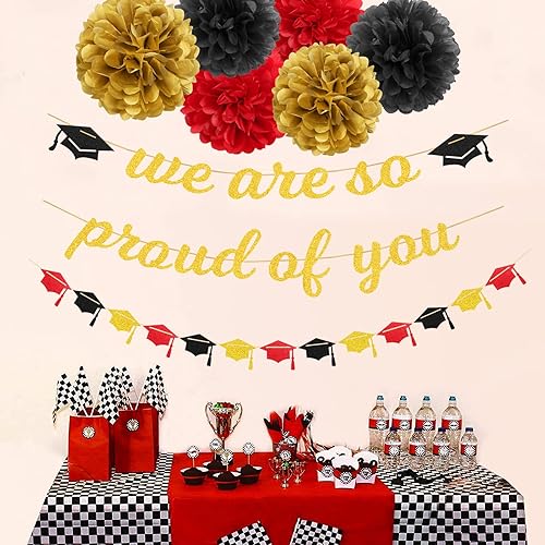 Miniatura 5 de Cartel de graduación para decoración de fiesta rojo y negro y dorado, 8 piezas, kits de serpentinas de guirnalda de gorra, pompones de papel de
