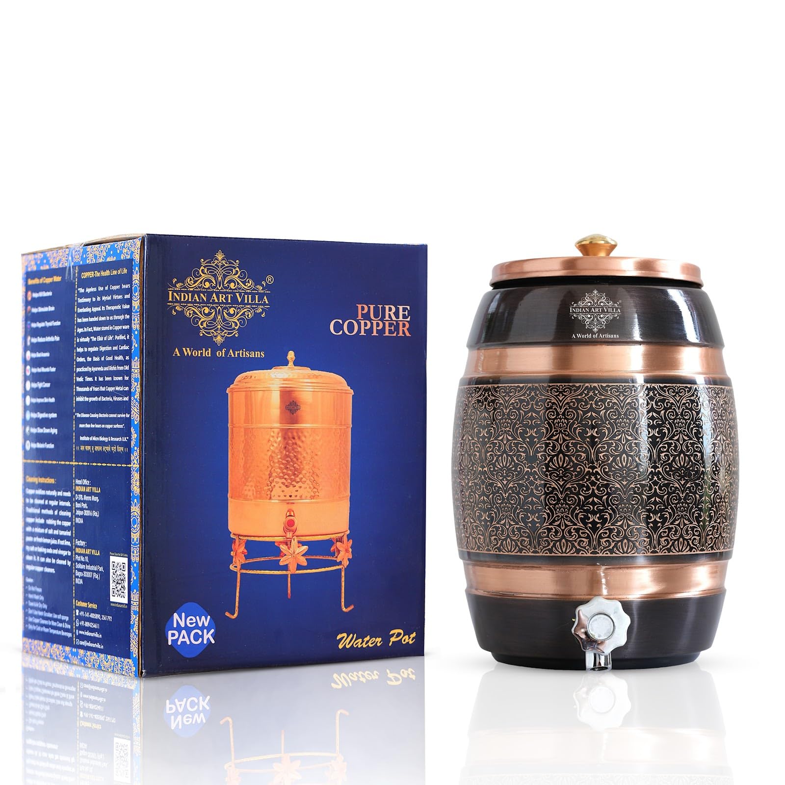 Indian Art Villa Pure Copper Water Dispenser Storage Water Tank with Tap and Lid with Black Printed Embossed Design, Water Pot, Copper Water Storage, 5 LTR Capacity, 169 Oz