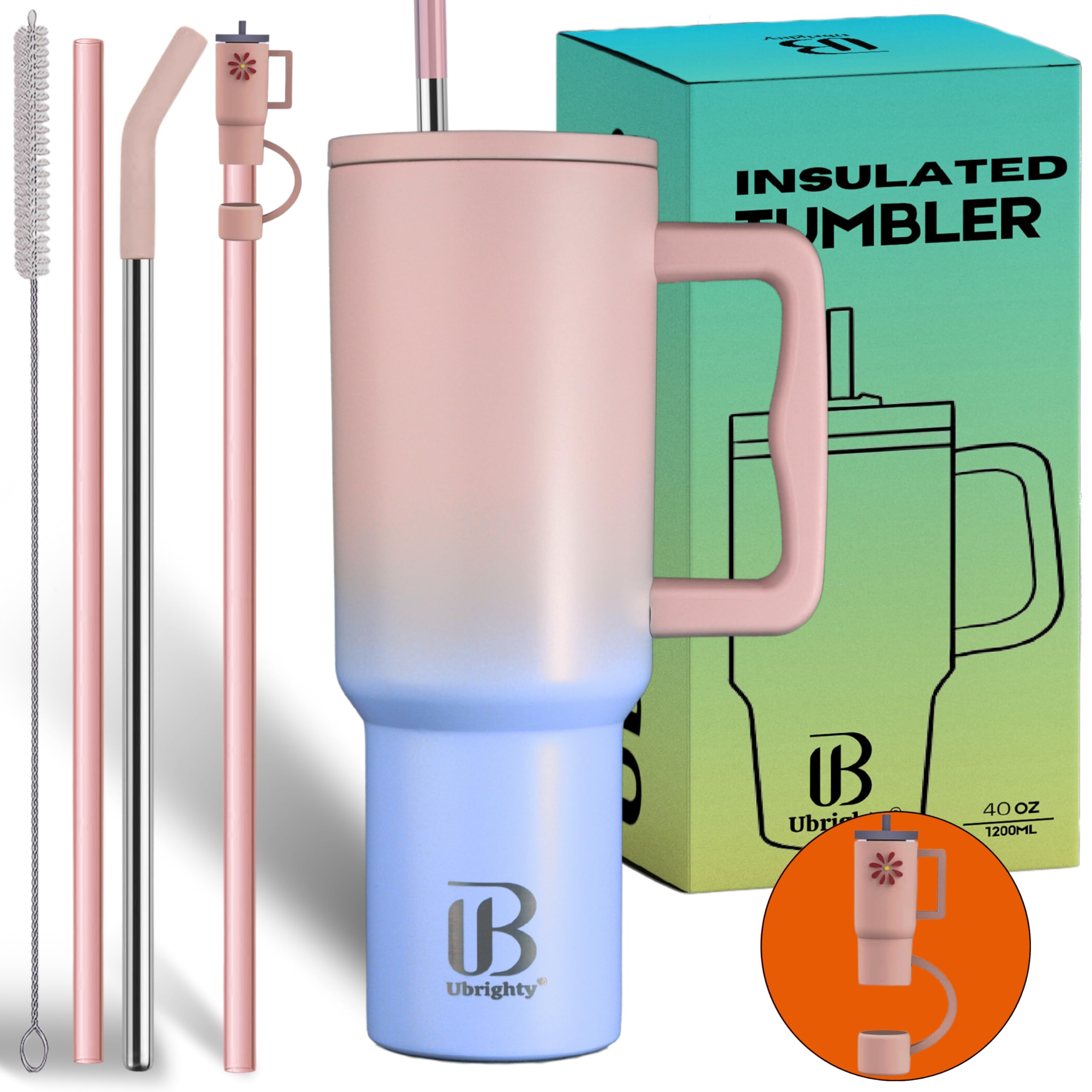 Ubrighty 1200ML Tumbler with Lid and Straw | One Ps, Stainless Steel Water Tumbler Sipper Insulated Hot and Cold with Handle Leak Proof Mug Cupholder for Gym Office Travelling (Cotton Candy Haze)