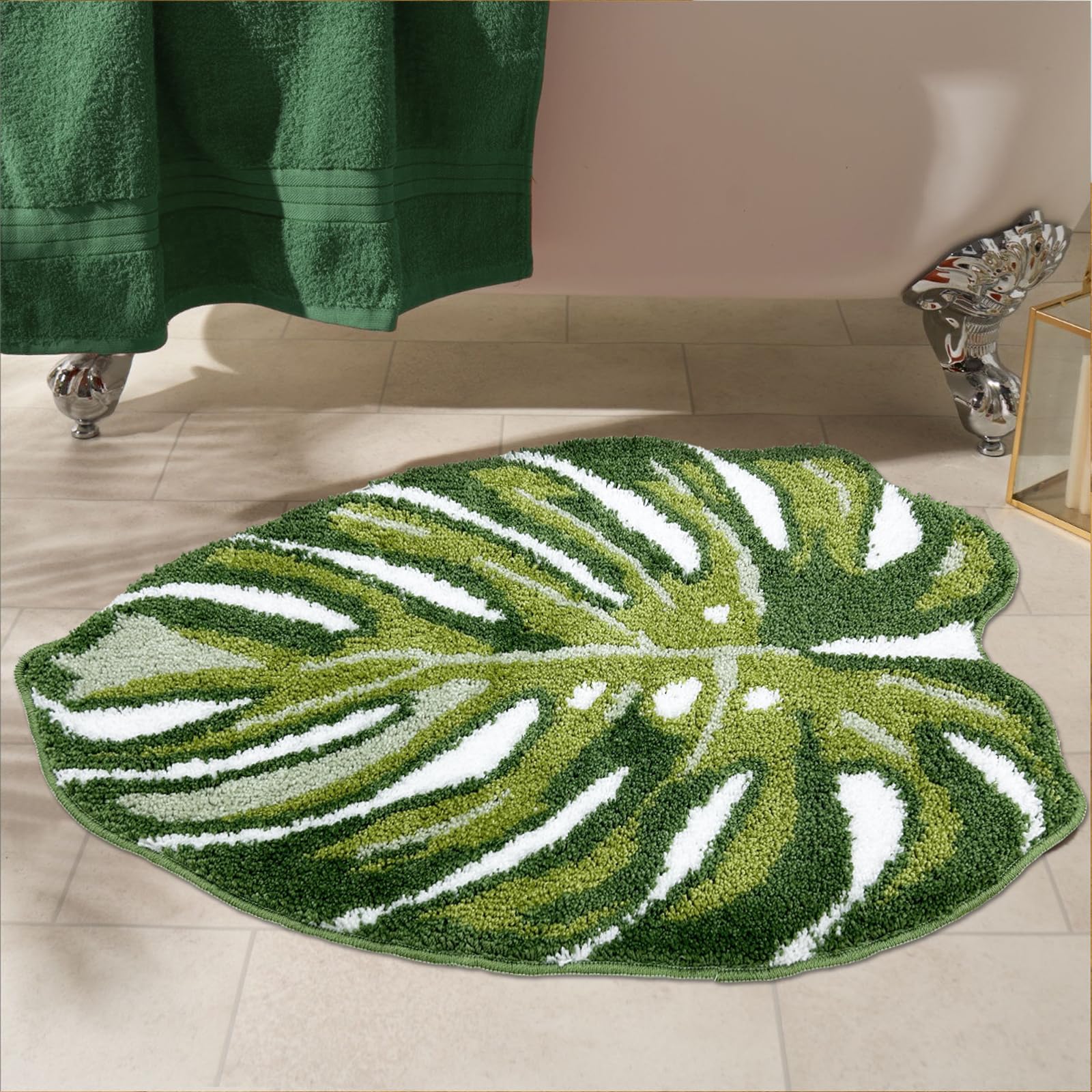Green Bathroom Rug - Leaf Bath Mat Tropical Monstera Bath Rugs Non Slip Washable Bathrug for Bathroom Floor