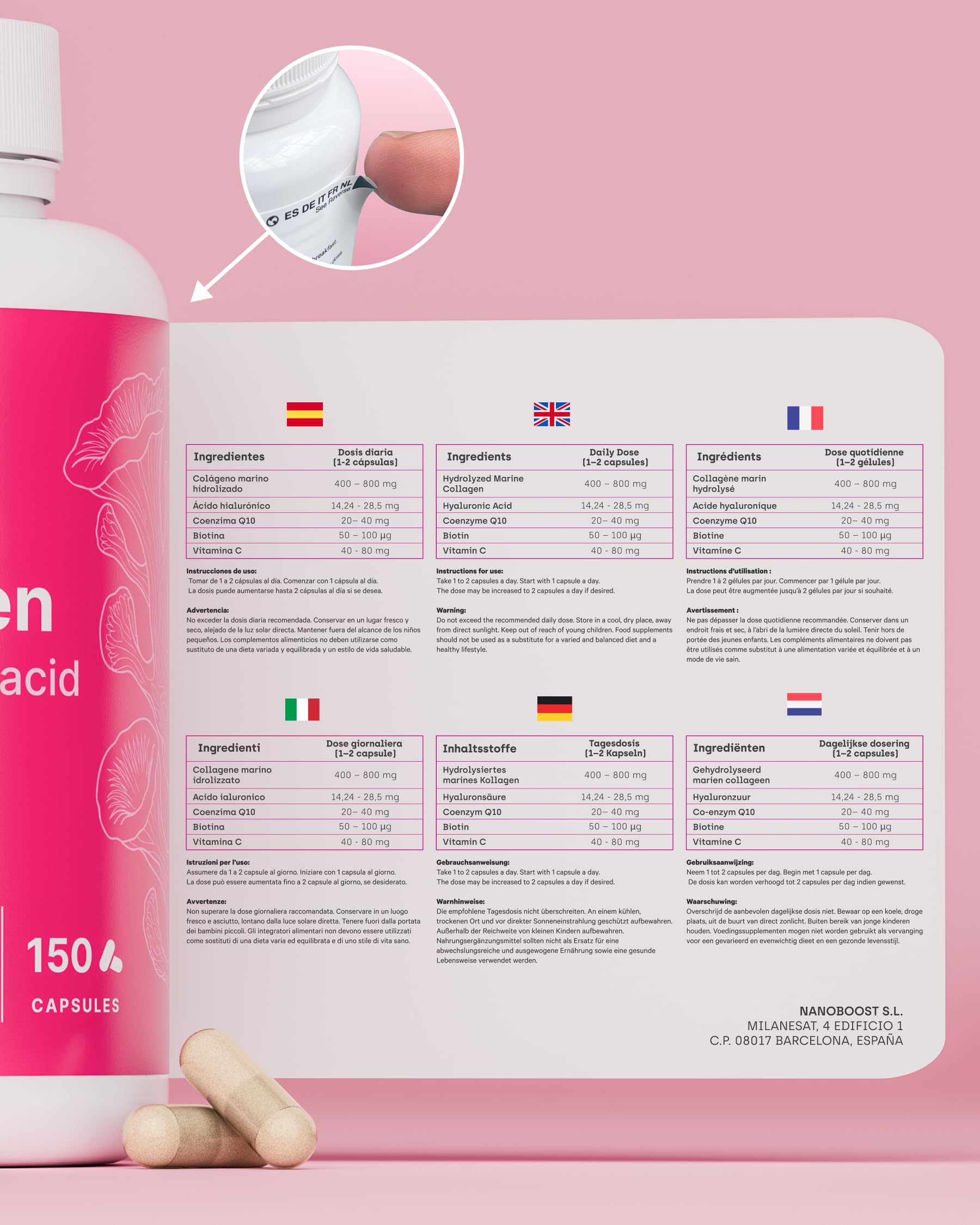 Collagène Marin Hydrolysé Pur + Acide Hyaluronique, Coenzyme Q10, Biotine & Vitamine C | 150 Gélules | Haute Biodisponibilité | 5 Mois | Peptides Type 1 | Peau, Cheveux, Ongles, Articulations