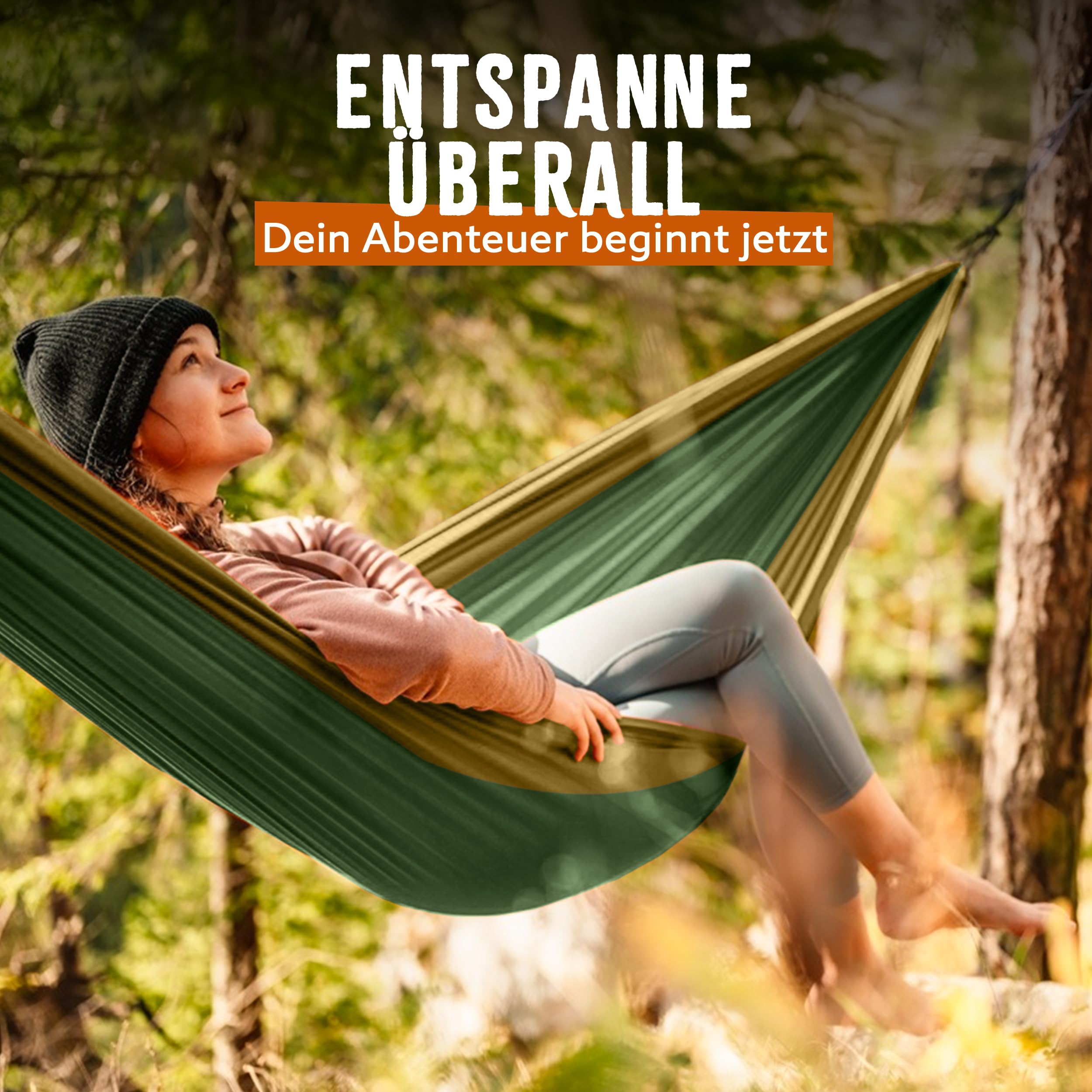 Hängematte Ultraleicht inkl. Karabiner & Schwerlastgurten (bis 300  kg belastbar, 275 x 140 cm) – ideal für Camping, Outdoor, Trekking & als Reisehängematte (Grün/Khaki)