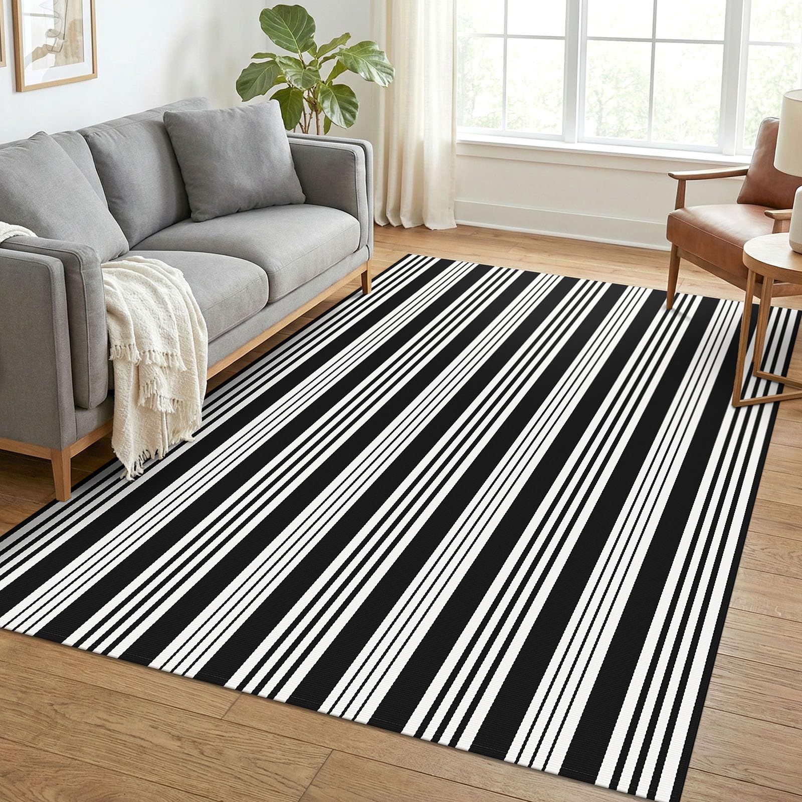 KOZYFLY 5x7 ft Area Rug Black and White Rug Woven Washable Striped Rugs — image 1