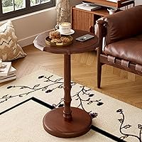 Vista 4 de Mesa auxiliar redonda con pedestal 100% de madera maciza, mesa auxiliar vintage, mesa de acento antigua resistente para espacios pequeños, mesita