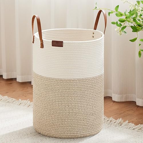VIPOSCO Cesta alta para ropa sucia, cesta grande para ropa sucia con mango de cuero, cesta de almacenamiento de cuerda tejida para manta, juguete en