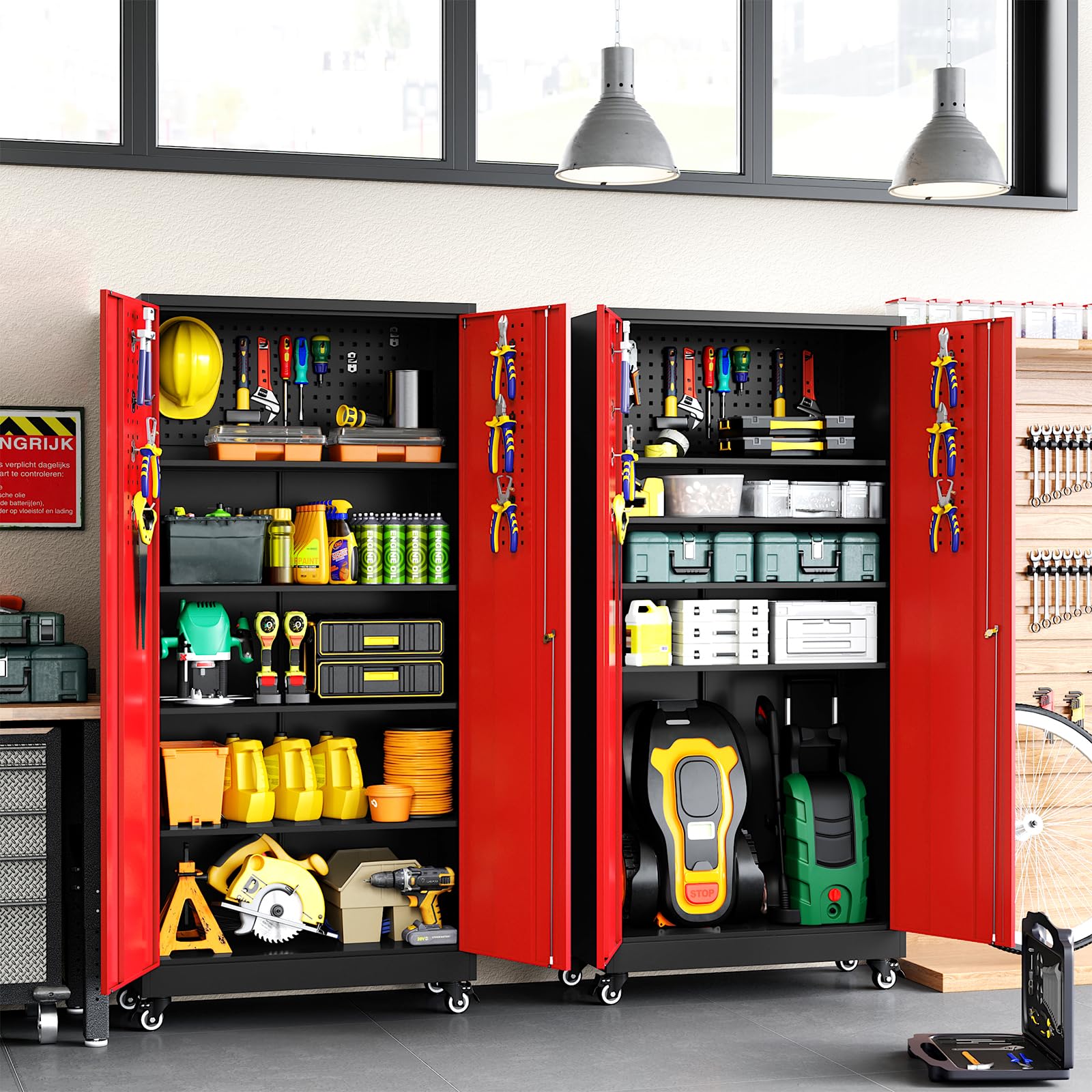 Sightlife Armoire Garage avec pegboard, Armoire à Outils en métal avec roulettes,78 x 78 x 179 cm, tôle d'acier, 4 Étagères Réglables avec 2 serrures, en Métal,Rouge