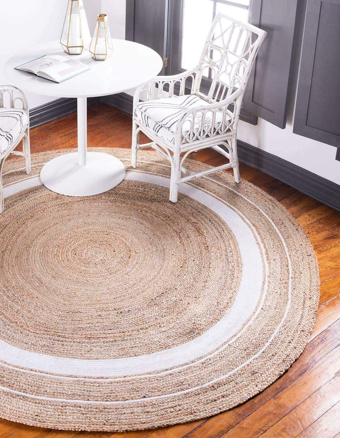 Tapis rond en jute naturelle tressé, fait à la main, réversible (150 x 150 cm) - Beige et blanc