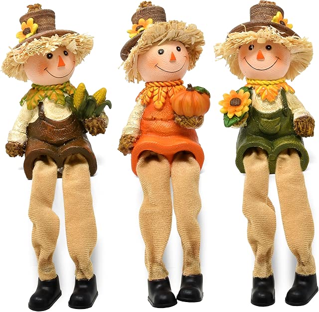 Gift Boutique Thanksgiving Resin Scarecrow Shelf Sitter Decoration 3 Pack Sitting Scarecrow Desk Mantel Fireplace Table Shelf Topper Figurine Centerpiece Autumn Fall Harvest Home Decor