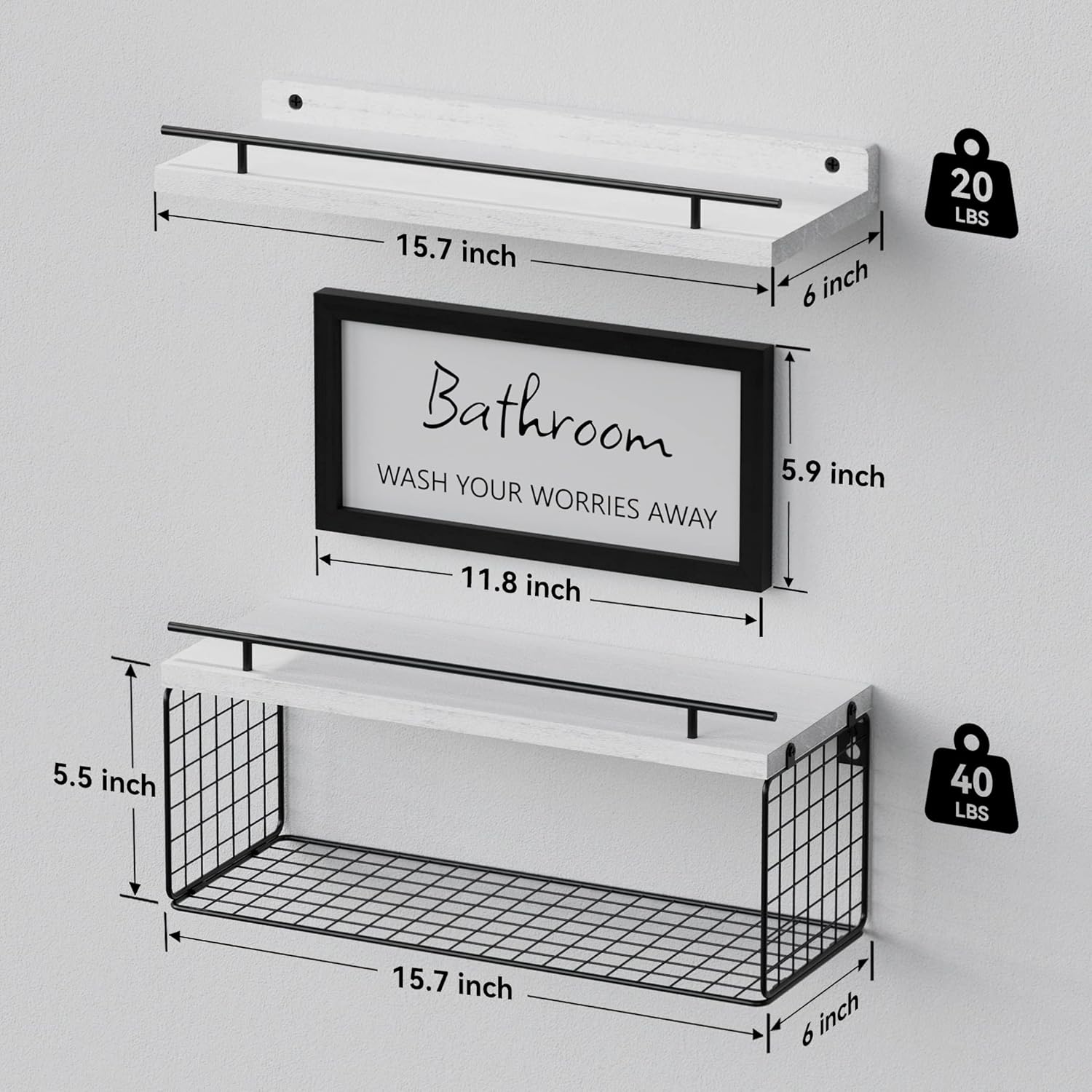WOPITUES Floating Shelves for Wall Decor Sign, Bathroom Organizer and Storage, Bathroom Shelves Over Toilet with Metal Guardrail-Modern White