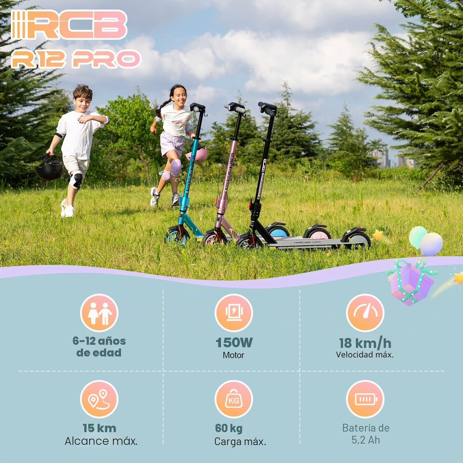 RCB R12 Pro Patinete Eléctrico Niños para 6-12 años, hasta 18km/h y 15km, 3-Altura Ajustable, 7" Plegable Patinete Eléctrico,Luces de Arco Iris,Pantalla LED, Regalos para Niños