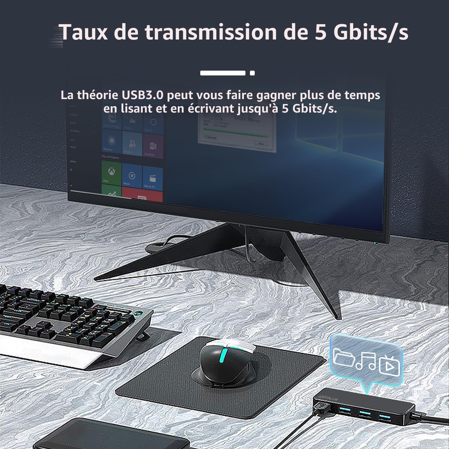 Hub USB 3.0 4 Ports Multiprise 5 Gbps Adaptateur pour Bureau Ordinateur Portable