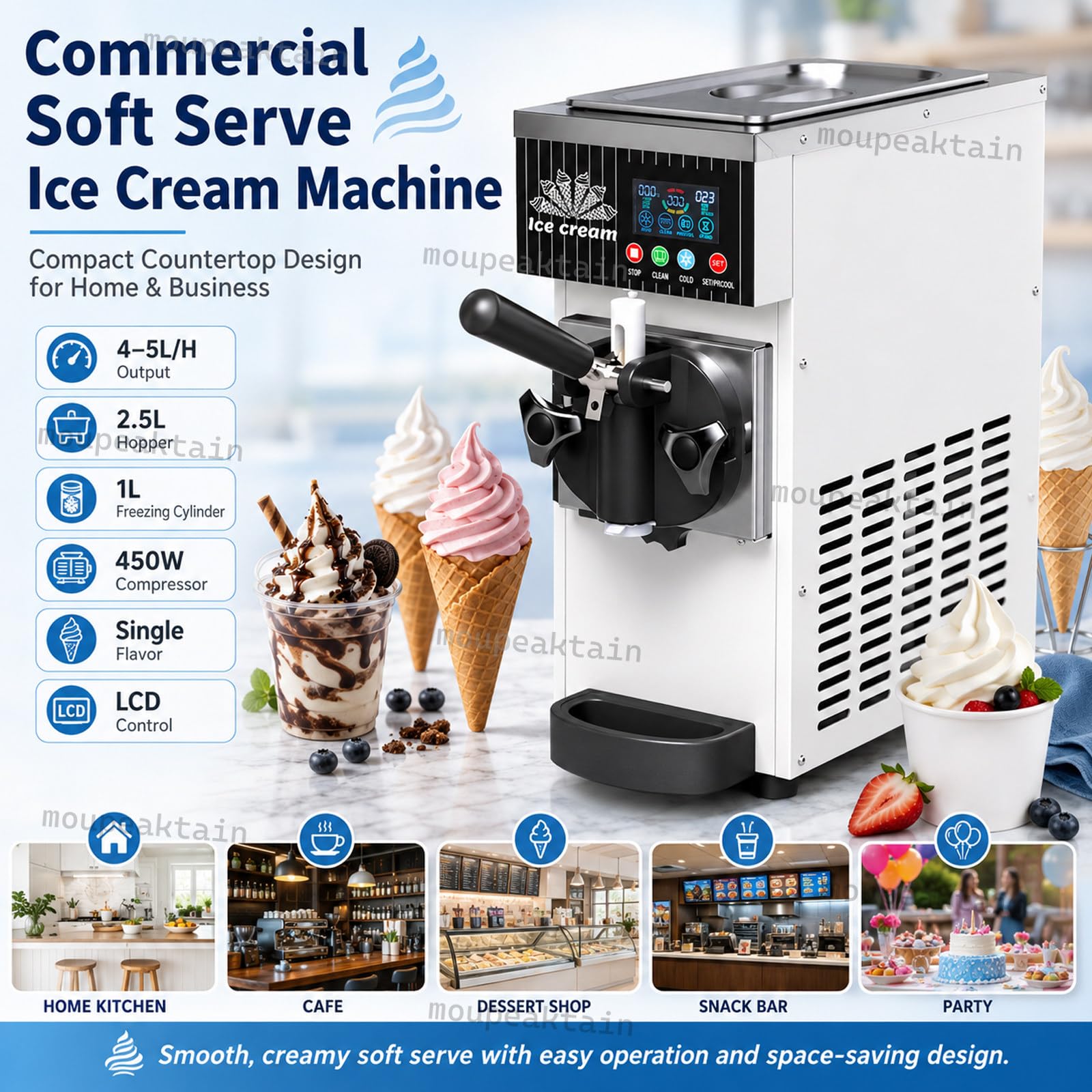 Machine à Glace Italienne 1 Parfum, 4-5l/H avec Cuve 2,5l, Pré-Refroidissement Et Nettoyage Automatique, Turbine à Glace Soft Compacte pour Desserts, Cafés, Bars Et Réunions De Famille C