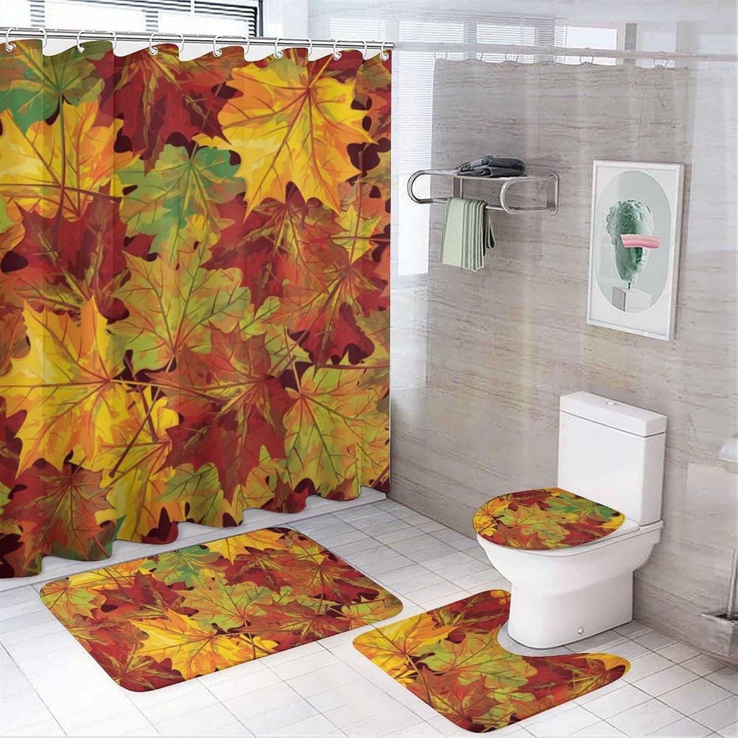 Autumn Leaves Shower Curtain Set 4 Piece, Non-Slip Bath Mat with Toilet Lid Cover and Waterproof Shower Curtain with 12 Hooks, Complete Bathroom Set for Home Decor