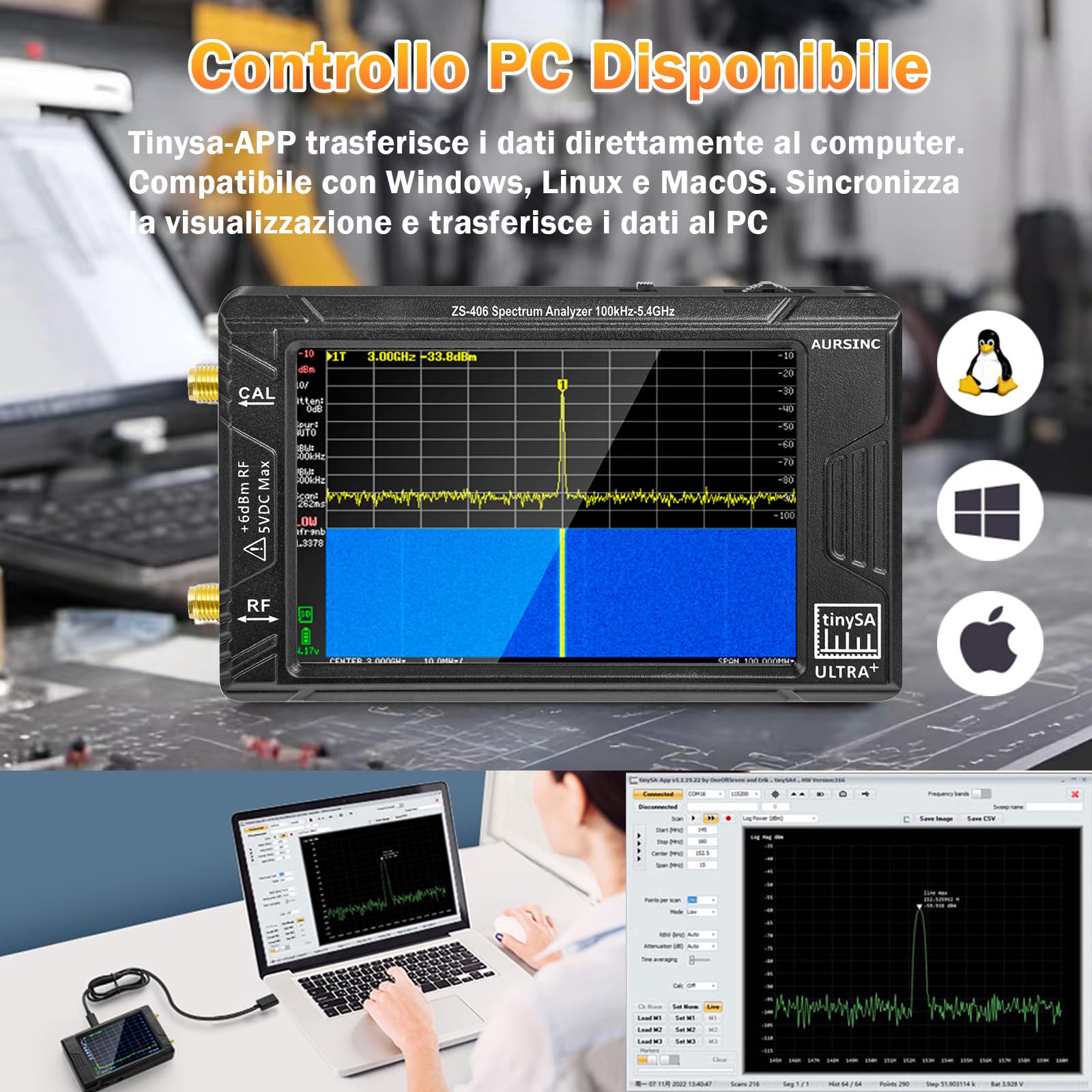 AURSINC 2025 TinySA Ultra+ ZS406 Analizzatore di Spettro, HW V0.4.6 100kHz-5,4GHz 4,0" Analizzatore di Frequenza con Scheda da 32Gb, 2 in 1 Generatore di Segnale 100kHz-900MHz Ingresso UHF MF HF VHF