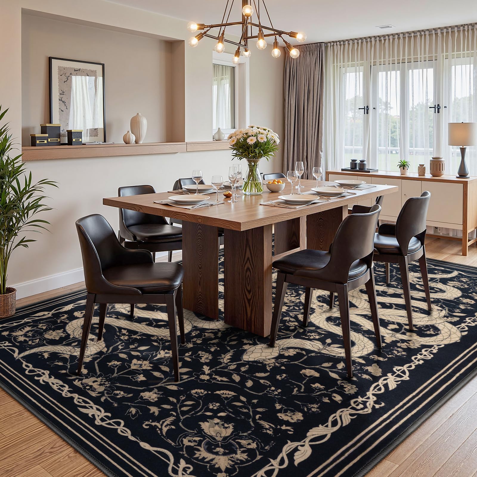 LIVEBOX 5x7 Washable Area Rug - Snake Rug for Living Room, Non-Slip Soft Bedroom Rugs, Low Pile Indoor Carpet for Dining Room Home Office(5x7ft, Black