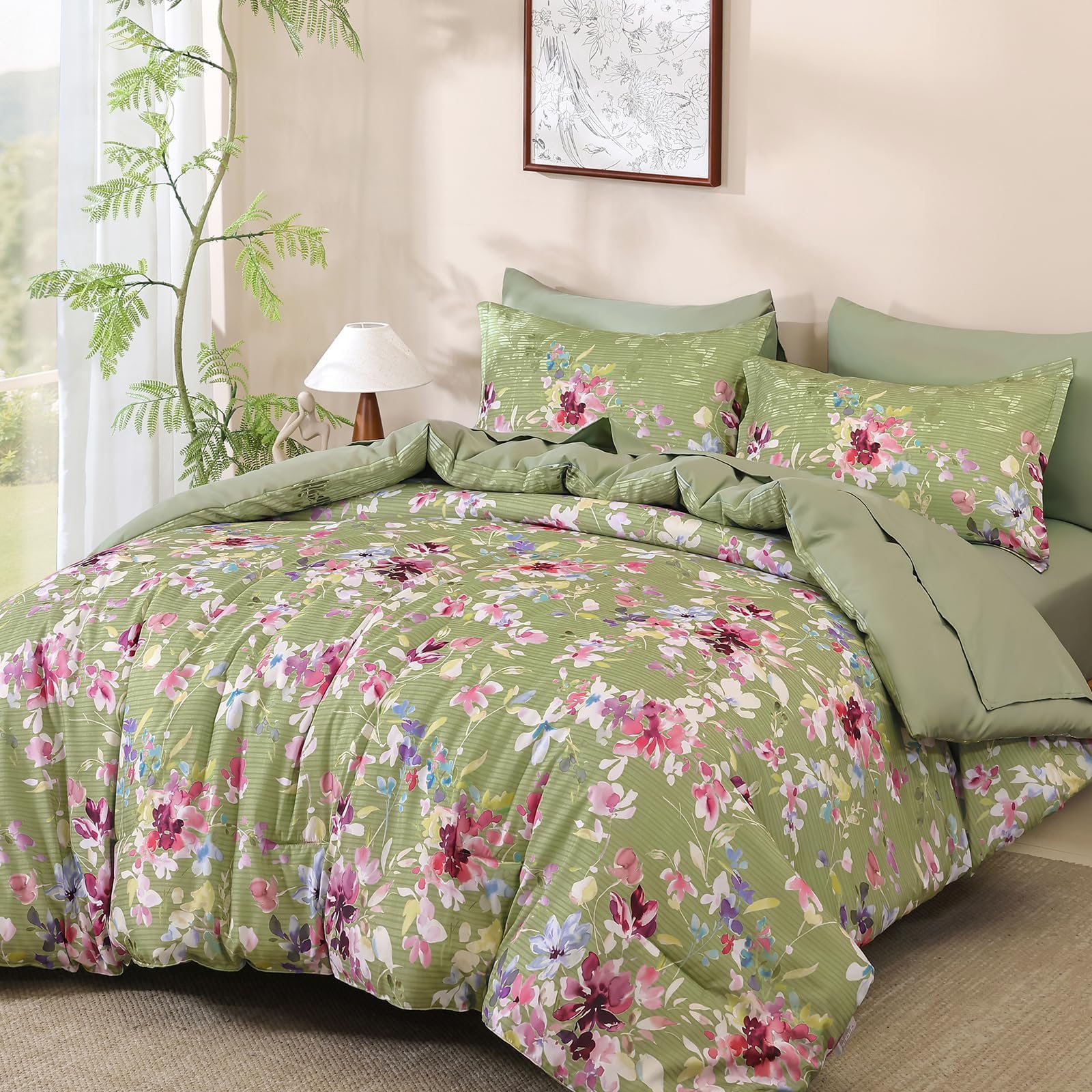 Dobuyly Sage Green Floral Comforter Set