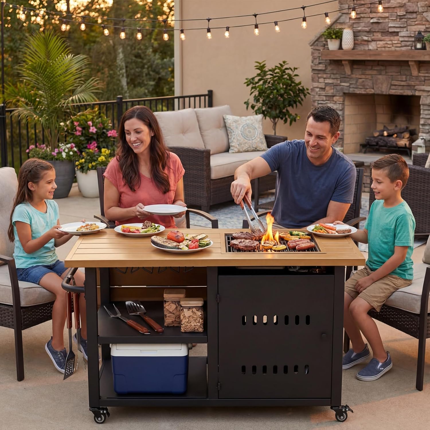 Outdoor Fire Pit, Gas Fire Pit Table with Universal Wheels, 50000 BTU Firepits for Outside, 44" Propane Fire Pit with Storage Space, Table Top Firepit for Outdoor, Deck, Black