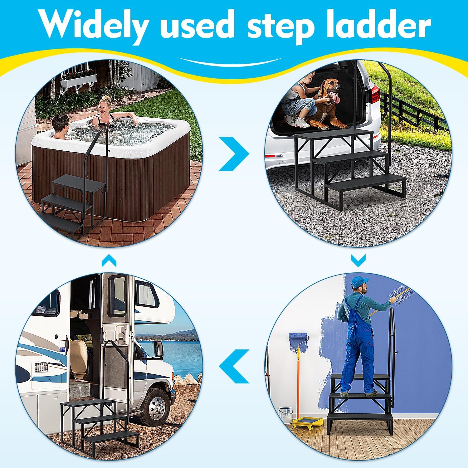 YOLENY 3-Step RV Steps with Handrail, 660 LBS Metal RV Stairs with Armrest Cover, Anti-Slip Hot Tub Steps, Mobile Home Steps for Travel Trailers, Hot Tub, Camper, Pool and Porch