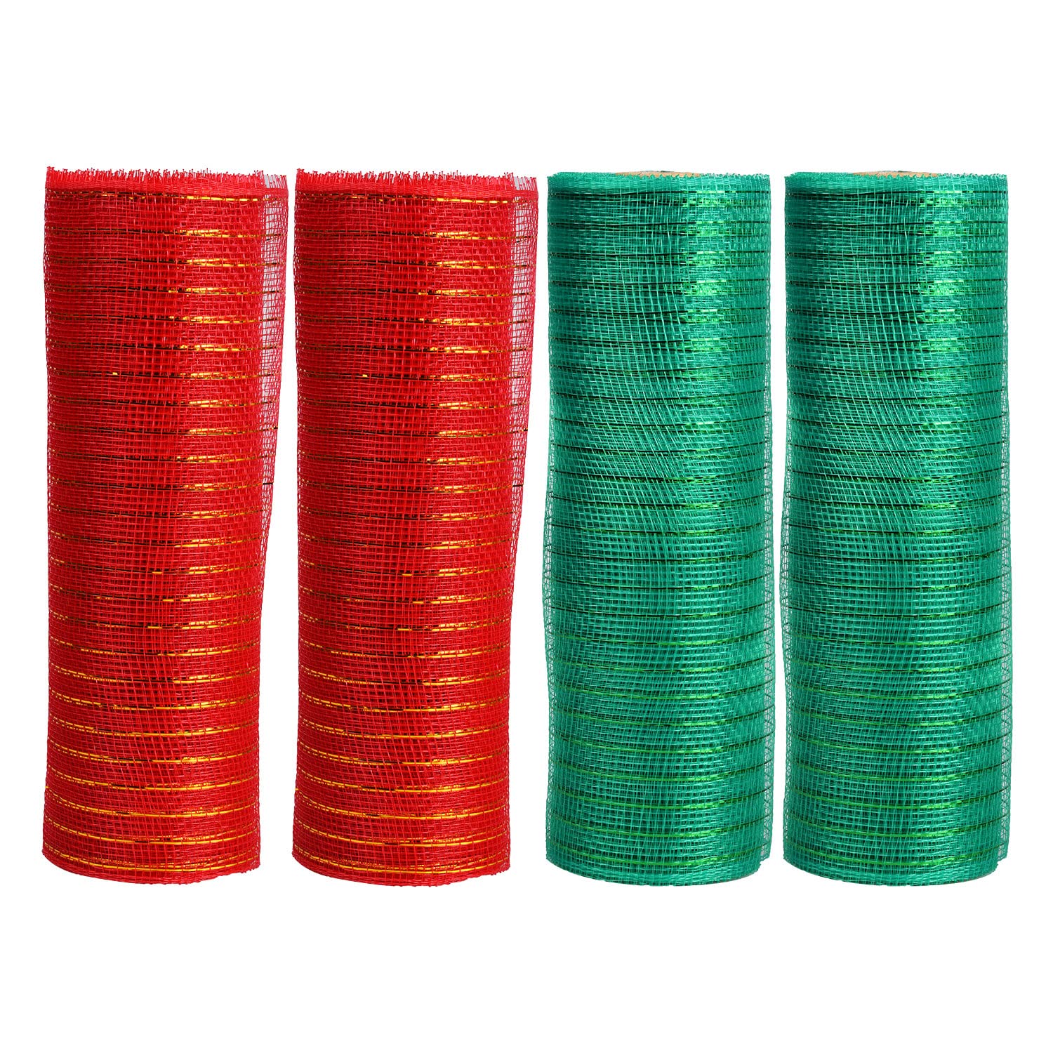 Lezevn 4 Rolls 10 Inch x 10 Yards Christmas Poly Mesh Ribbon Deco Poly Mesh Metallic Foil Deco Mesh Ribbon for Christmas Wreaths Making Gift Wrapping (Red,Green)