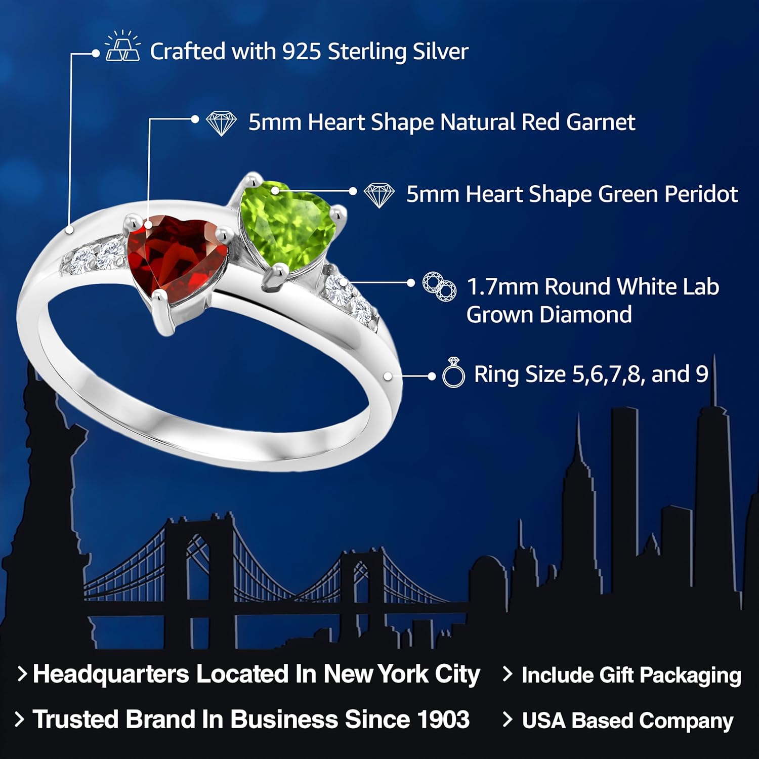 Gem Stone King 925 Sterling Silver Green Peridot Red Garnet and White Lab Grown Diamond Women Ring (1.13 Cttw Heart Shape)