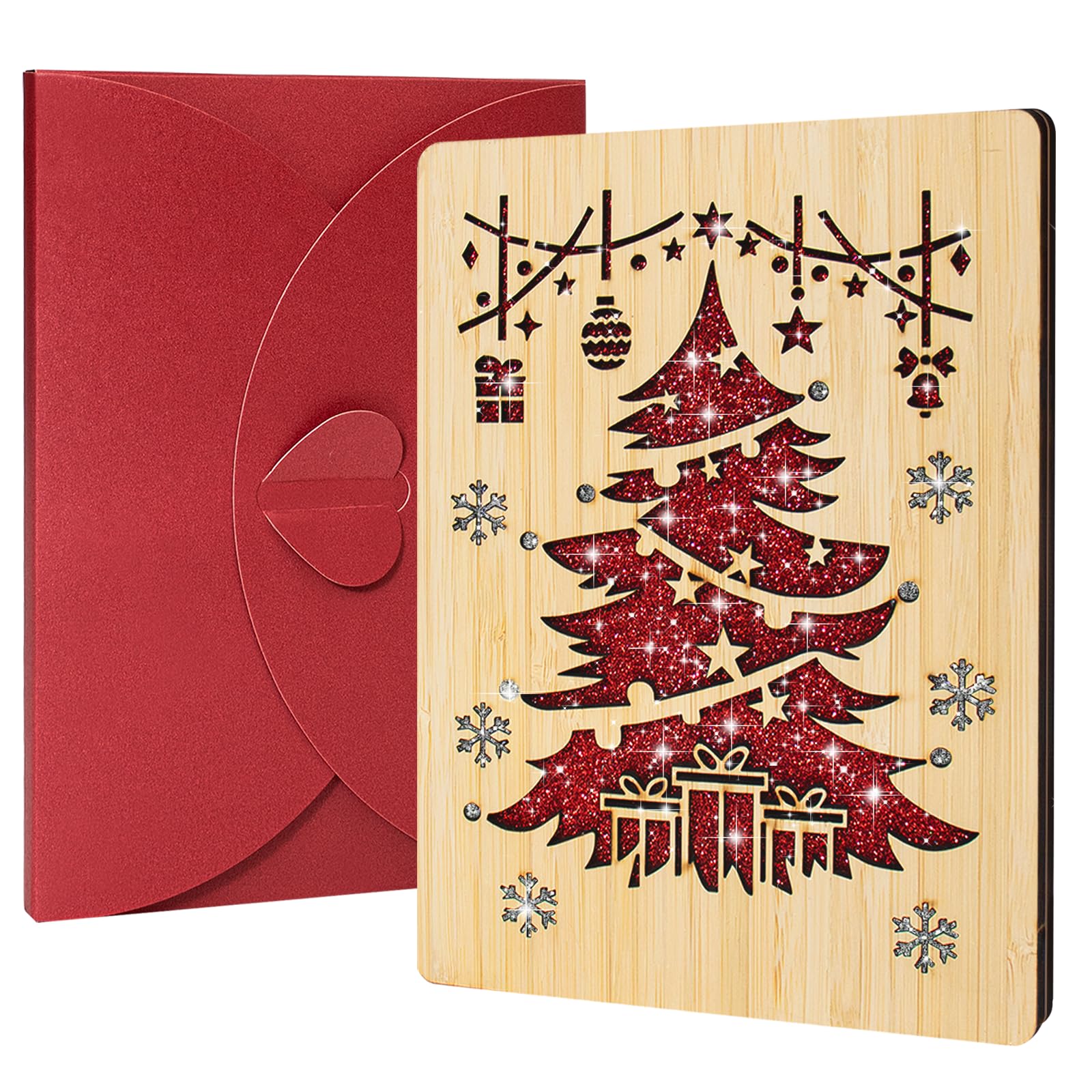Teyomi Sparkling Christmas Card with Envelope for Men Women, Wooden Merry Christmas Blank Cards for Dad, Mom, Unusual Handmade Xmas Tree Greeting Card, Happy Holiday Card, Gift for Kids, Friends, Wife