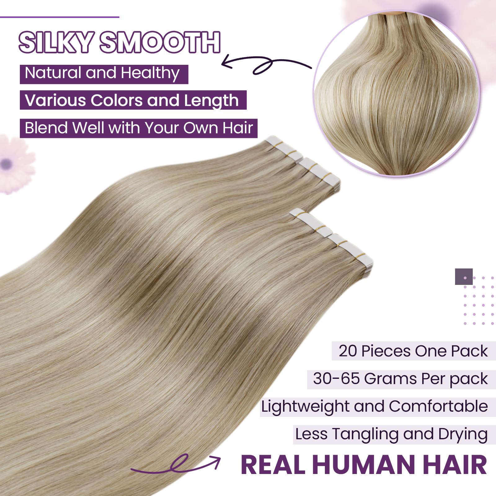 LaaVoo Tape Hair Extensions Blonde Tape in Hair Extensions Human Hair 18 Inch Invisible Tapes Remy Straight Highlight Golden Blonde Real Hair Double Sided Tabs 20pcs 50g #16/22 - Image 2
