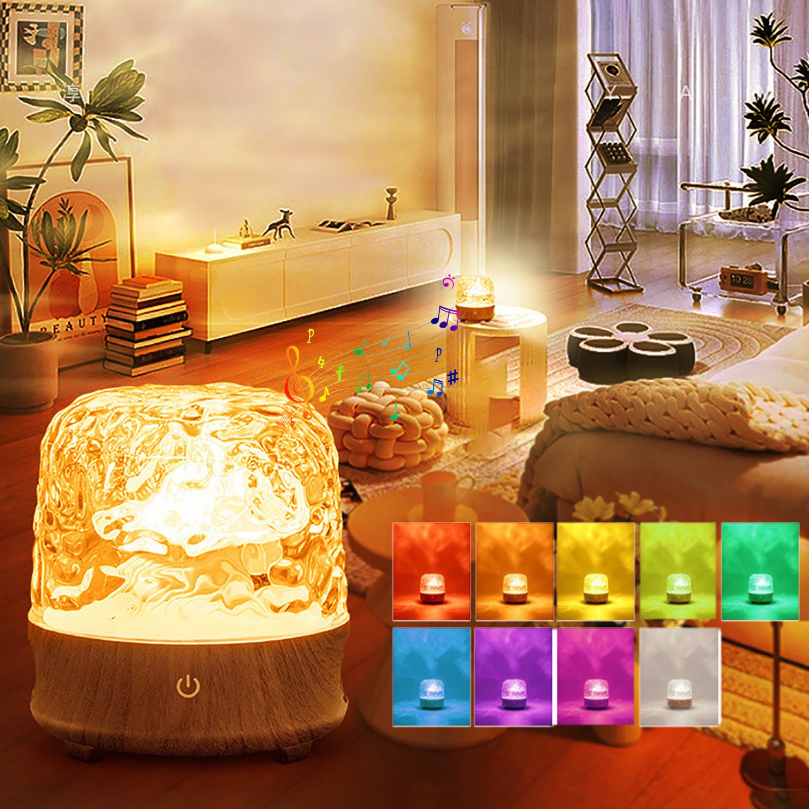 SXDMOUBK Northern Lights Water Ripple Lamp 16 Colors Wave Projector Light Dimmable Aurora Night Light, Cordless Rechargeable Wood Base Ocean Light with Bluetooth Speaker for Bedroom, RGB