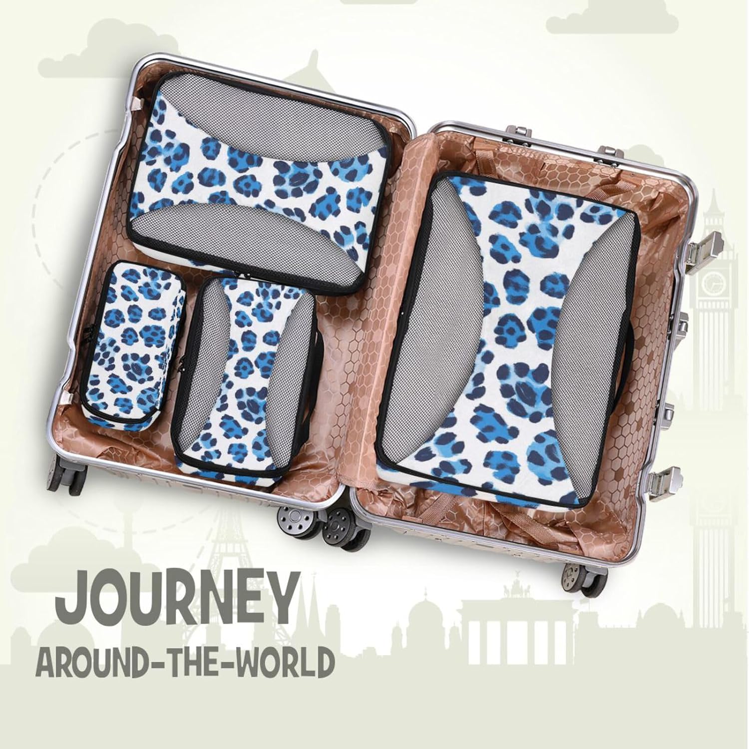 Blue Black Leopard Print 4 Pcs set organizers for travel Mesh Travel Essentials lightweight packing cubes