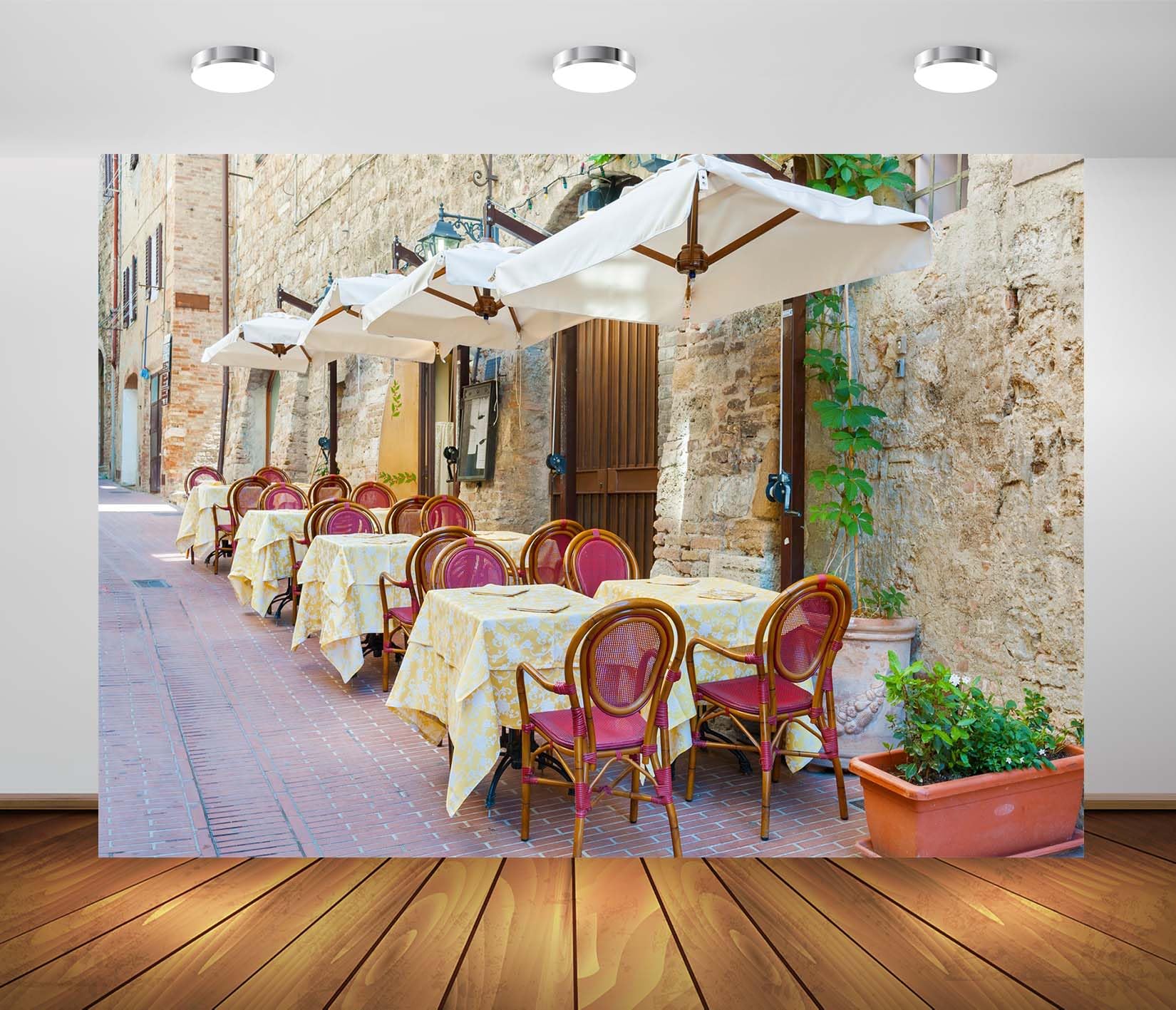 BELECO 5x4ft Fabric Italy Street Cafe Backdrop Sidewalk Cafe Restaurant in Resort Town Tuscany Background Italian Party Decorations Banner Birthday
