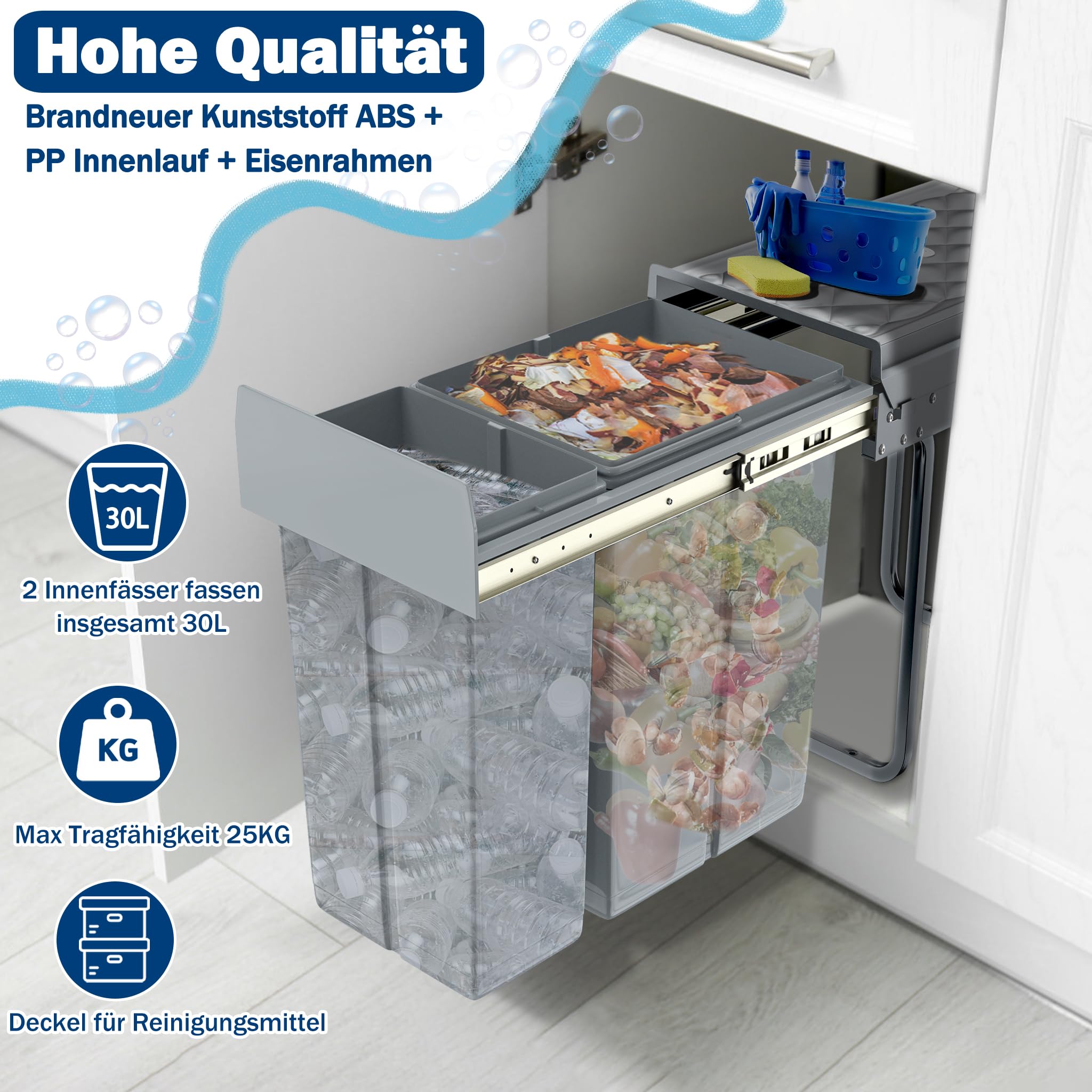 UISEBRT - Cubo de basura de cocina con cajón, cubo de basura empotrado, sistema de separación de basura con tobogán, plástico, gris【1x20L+1x10L】
