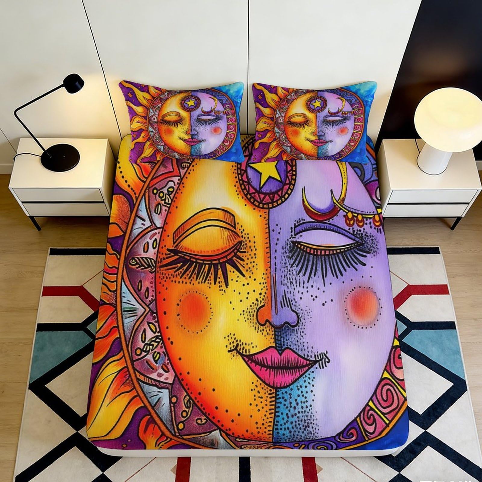 3D Printed Vibrant Sun Mandala Fitted Sheet Microfiber Durable Colorful Floral Bed Cover for Bedroom Dormitory Guest Room Mattress Protection 200x200x25cm
