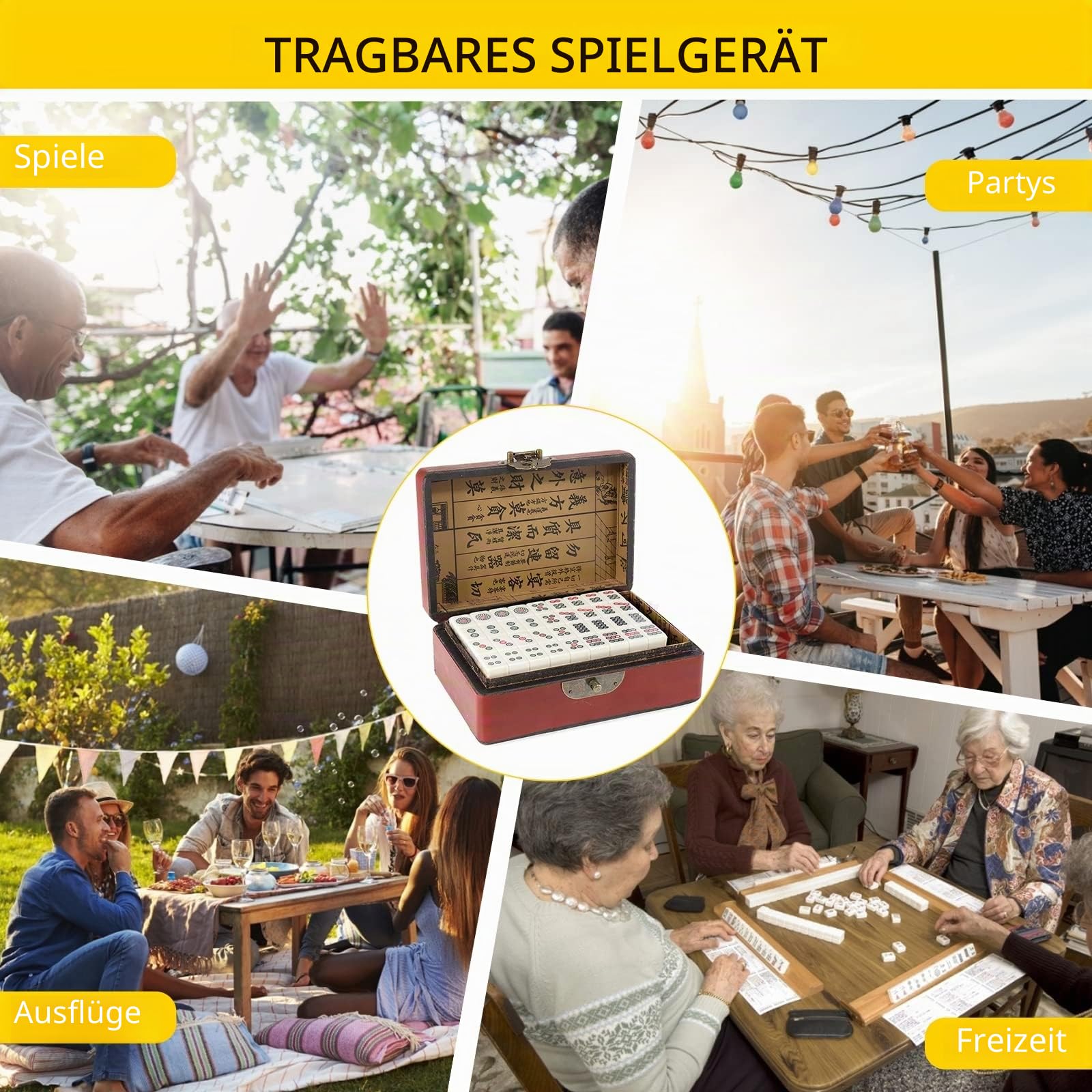 Dyna-Living Chinesisches Mini-Mahjong-Set, solide Struktur, leicht zu lesendes Spiel, 144 Mahjong-Fliesen, 2 Würfel und Leder-Tragetasche, komplettes Majong-Set für Sammeltischspiele