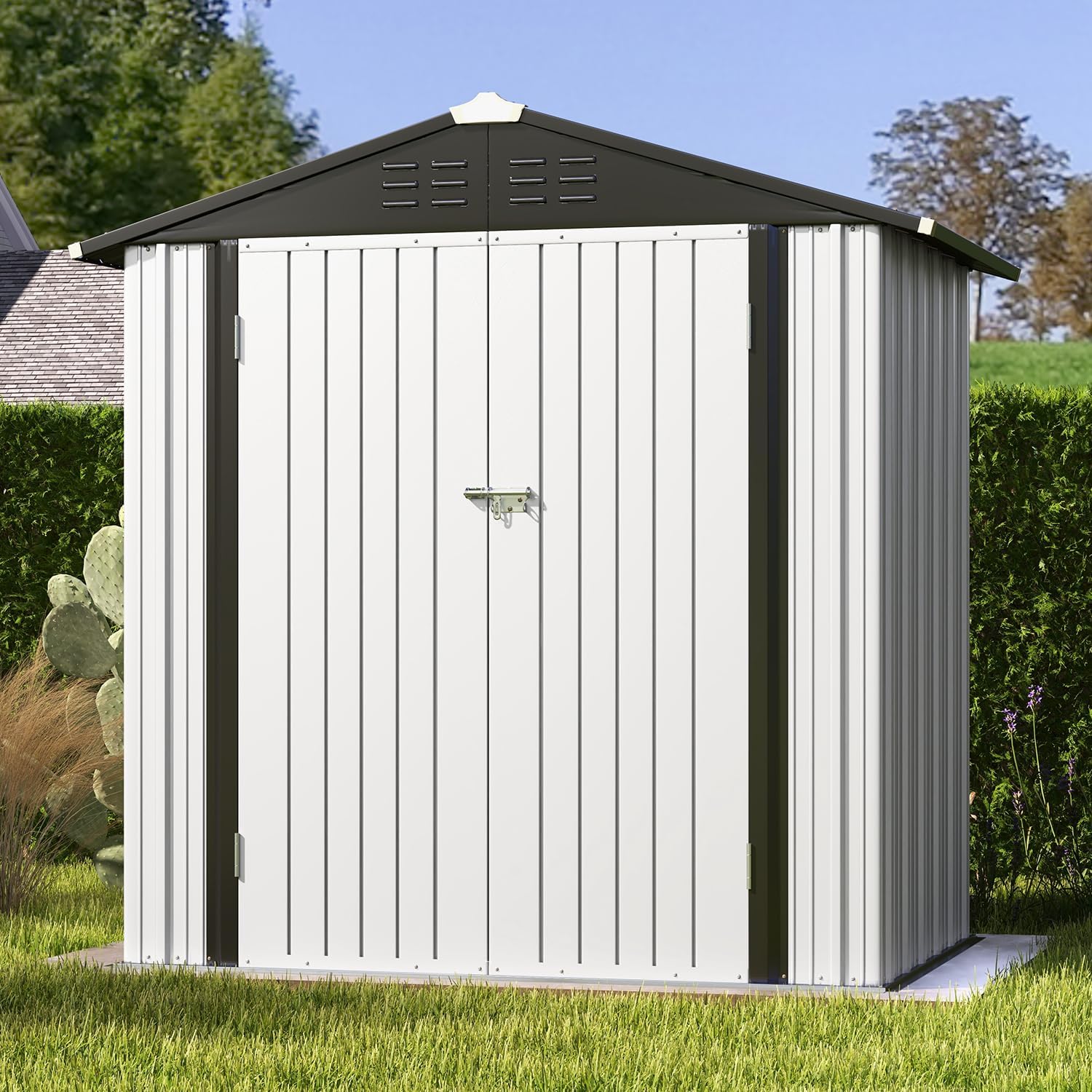 6x4 FT Outdoor Storage Shed, Garden Tool Storage Shed with Sloping Roof and Double Lockable Door, Outdoor Shed for Garden Backyard Patio Lawn,White