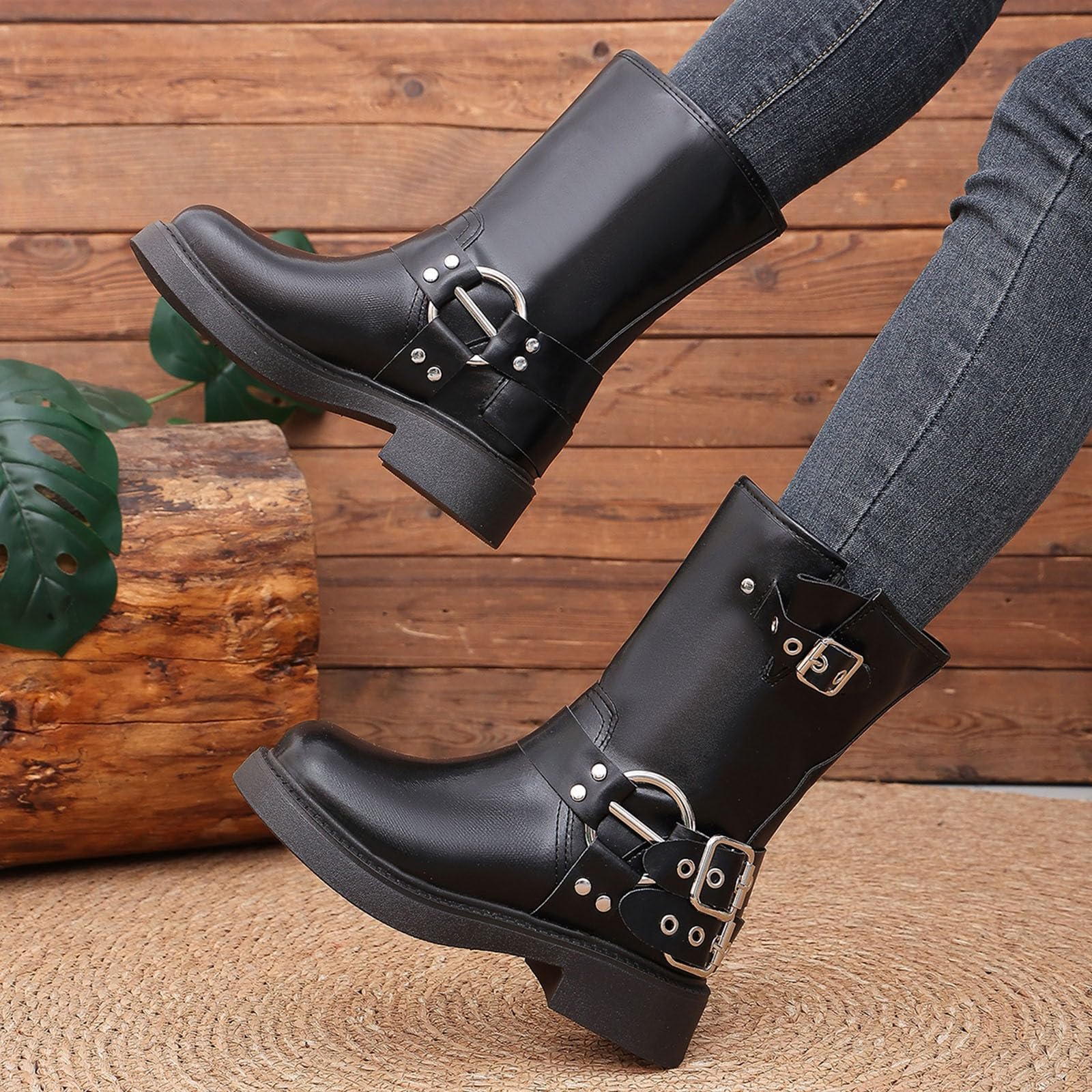 Botas por Encima de la Rodilla Botas de Media caña con Punta Redonda, Estilo Vaquero Occidental, para Mujer.