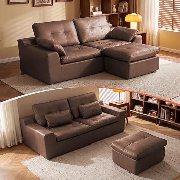 86.6" Faux Leather Sofa,L-Shaped Boneless Couch for Living Room,Brown
